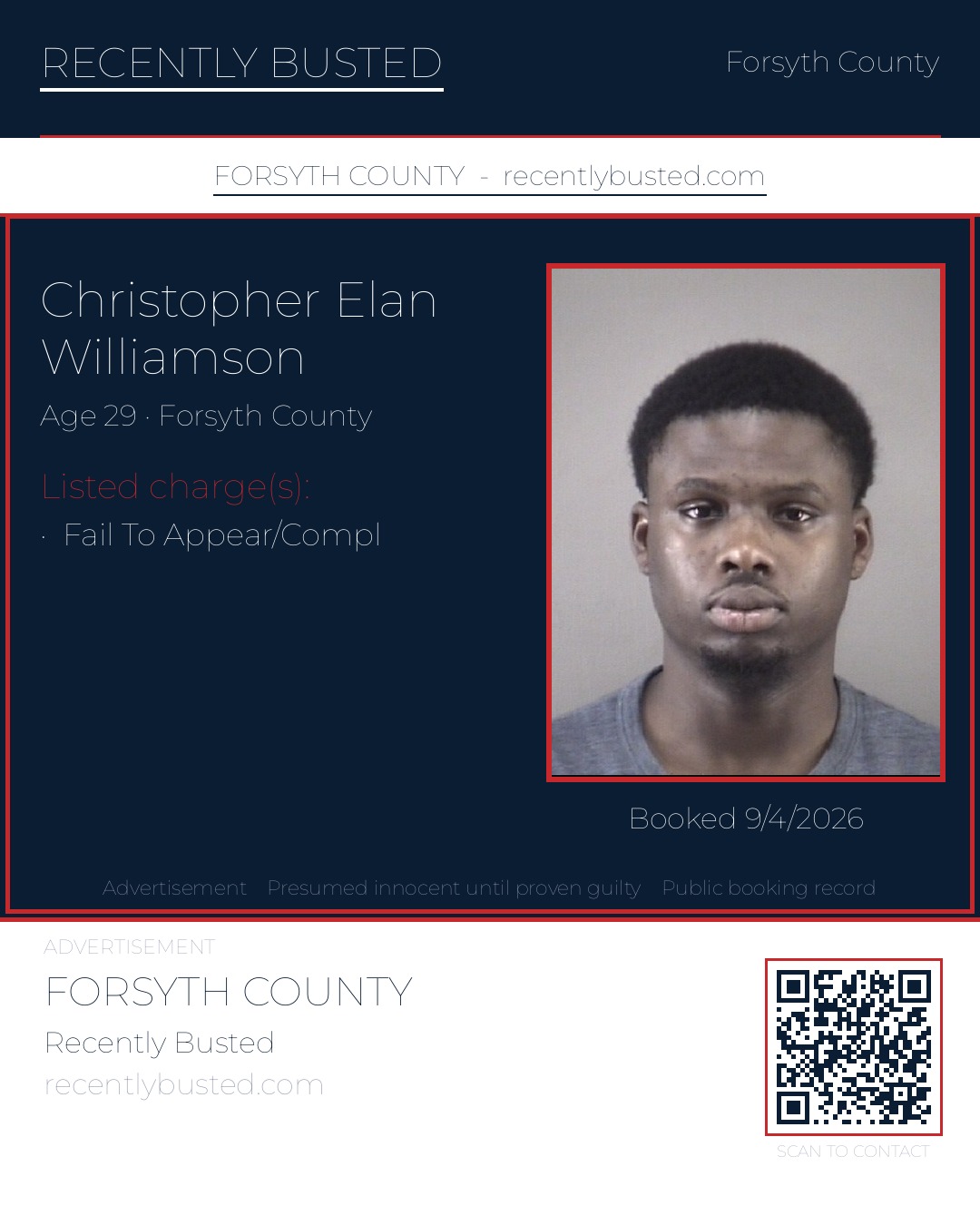 CHRISTOPHER ELAN WILLIAMSON — arrest record card, Forsyth County, North Carolina