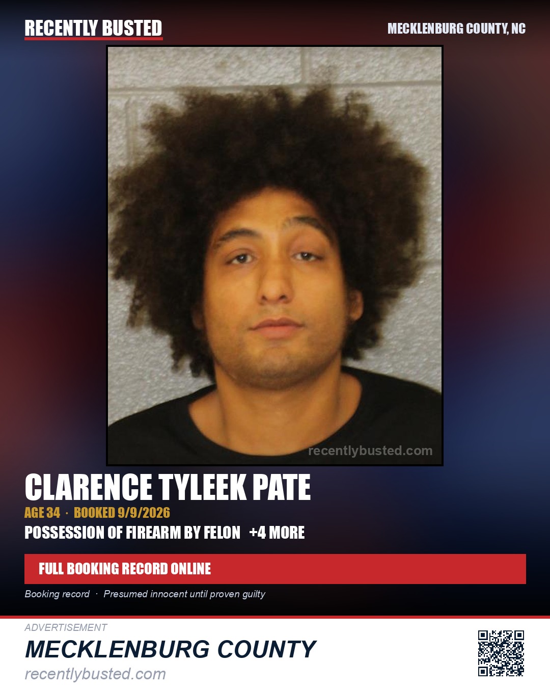 CLARENCE TYLEEK PATE — arrest record card, Mecklenburg County, North Carolina