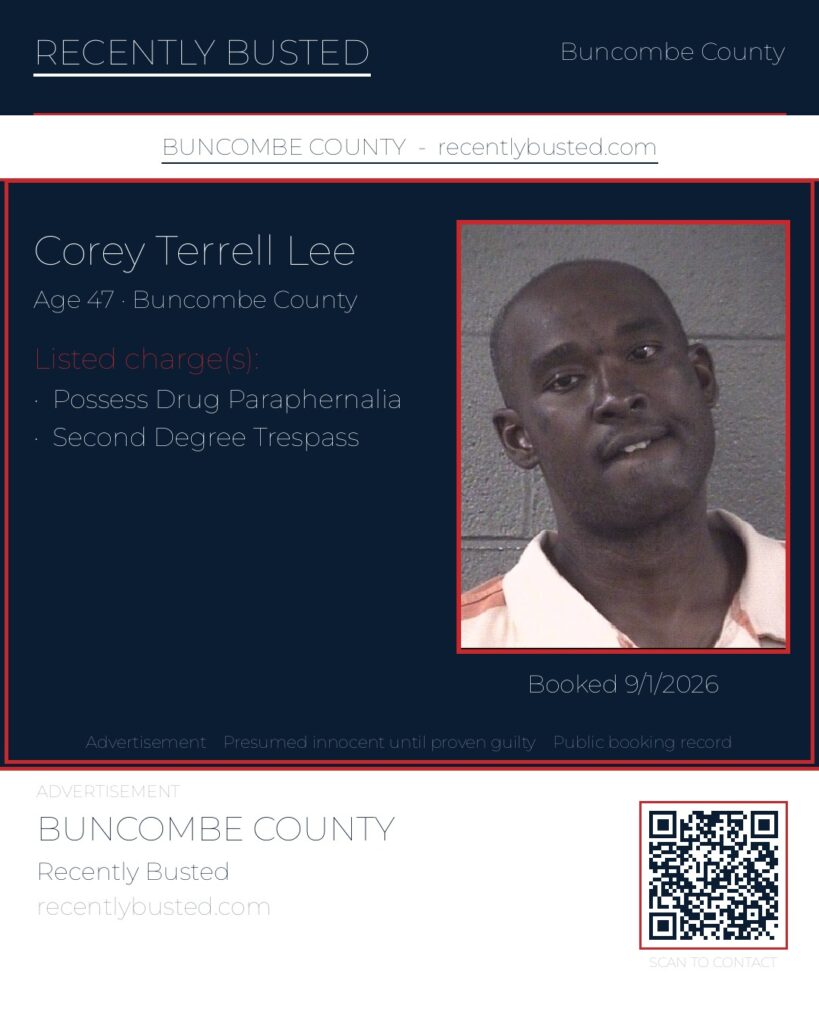 COREY TERRELL LEE — arrest record card, Buncombe County, North Carolina