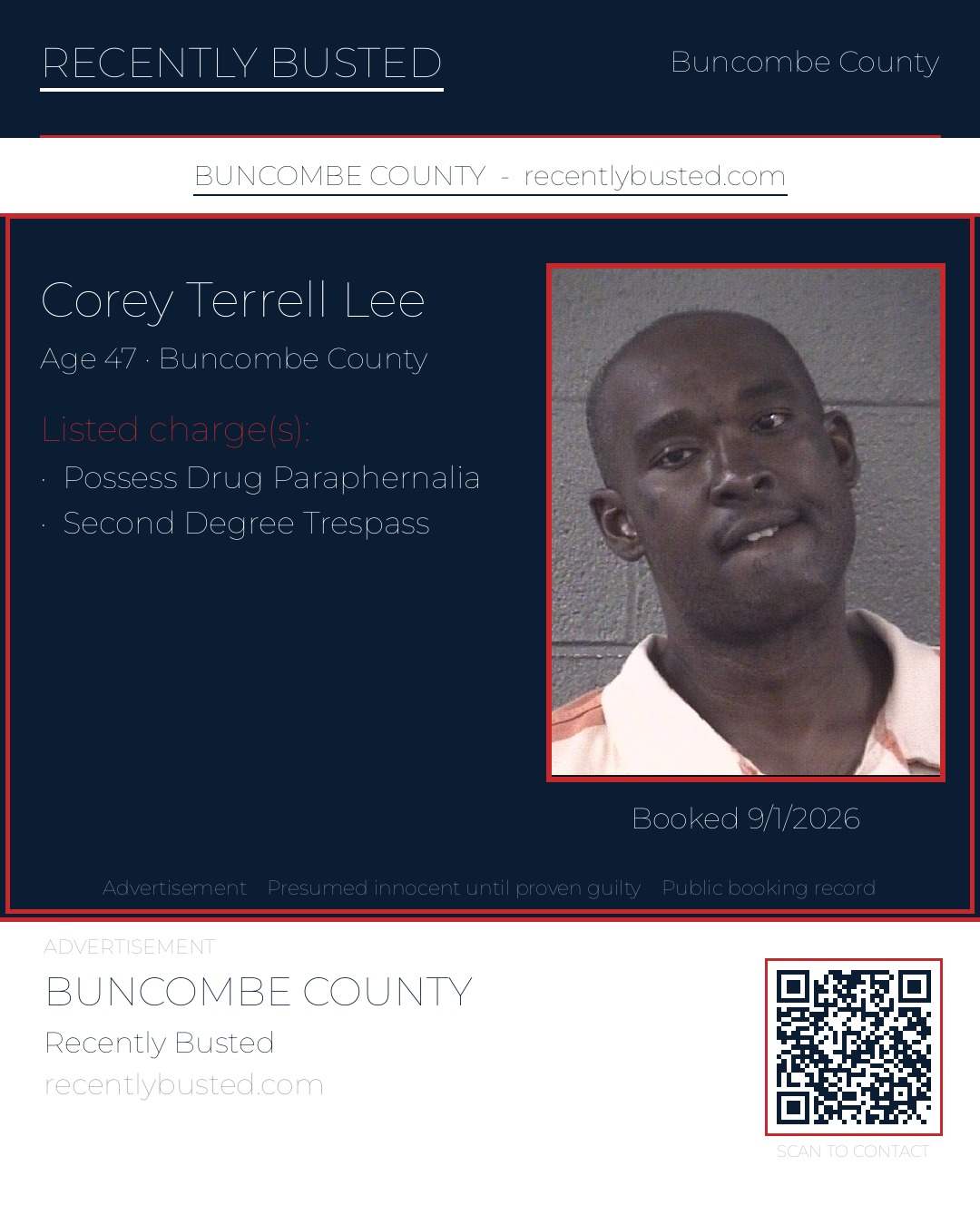 COREY TERRELL LEE — arrest record card, Buncombe County, North Carolina