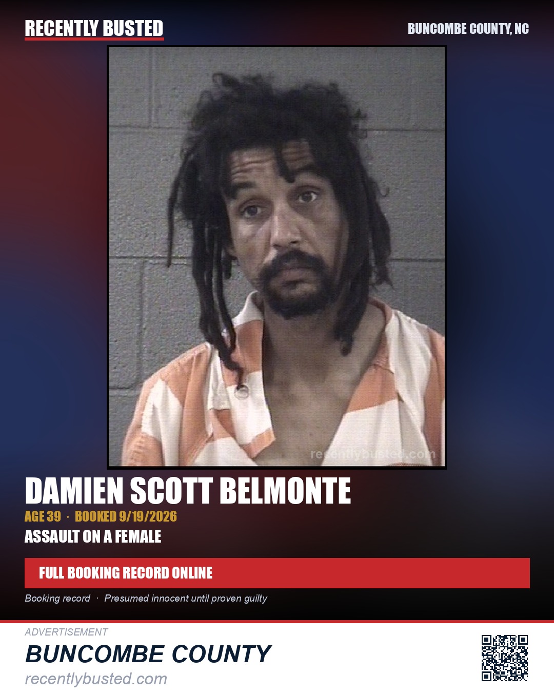 DAMIEN SCOTT BELMONTE — arrest record card, Buncombe County, North Carolina