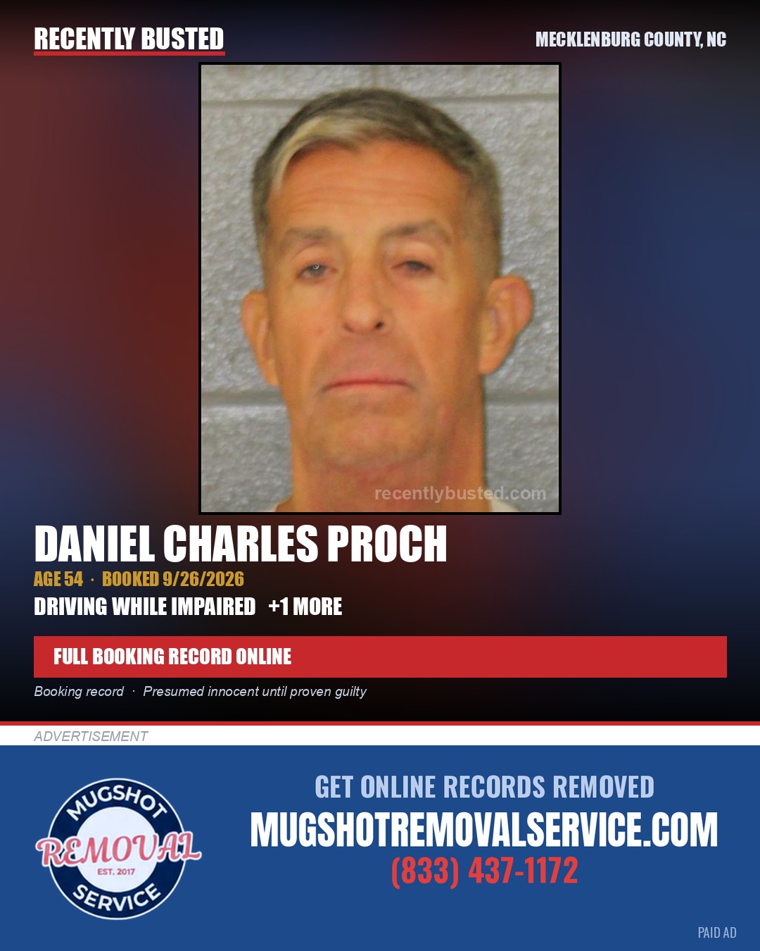 DANIEL CHARLES PROCH — arrest record card, Mecklenburg County, North Carolina