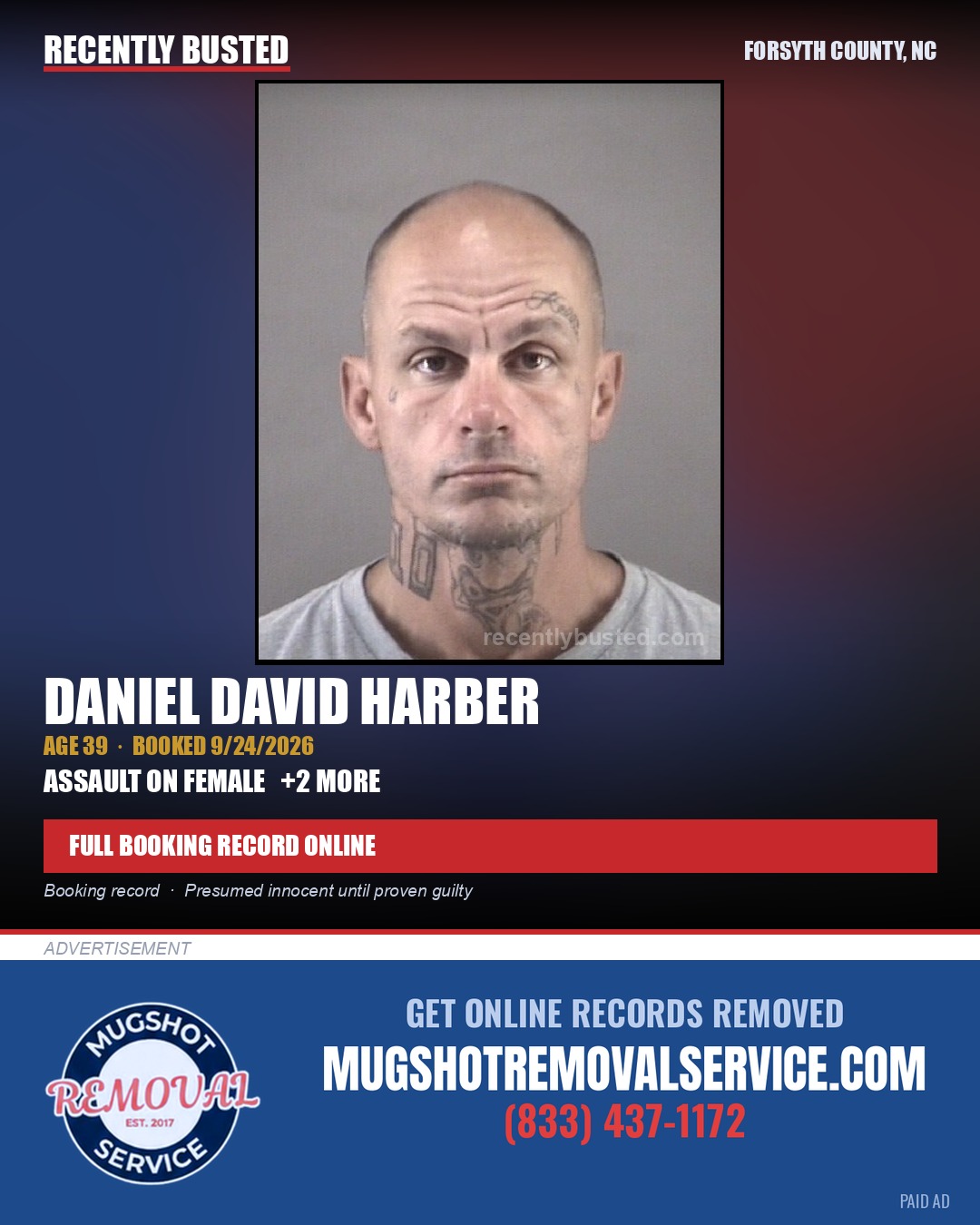DANIEL DAVID HARBER — arrest record card, Forsyth County, North Carolina