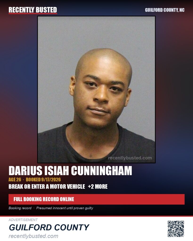 DARIUS ISIAH CUNNINGHAM — arrest record card, Guilford County, North Carolina