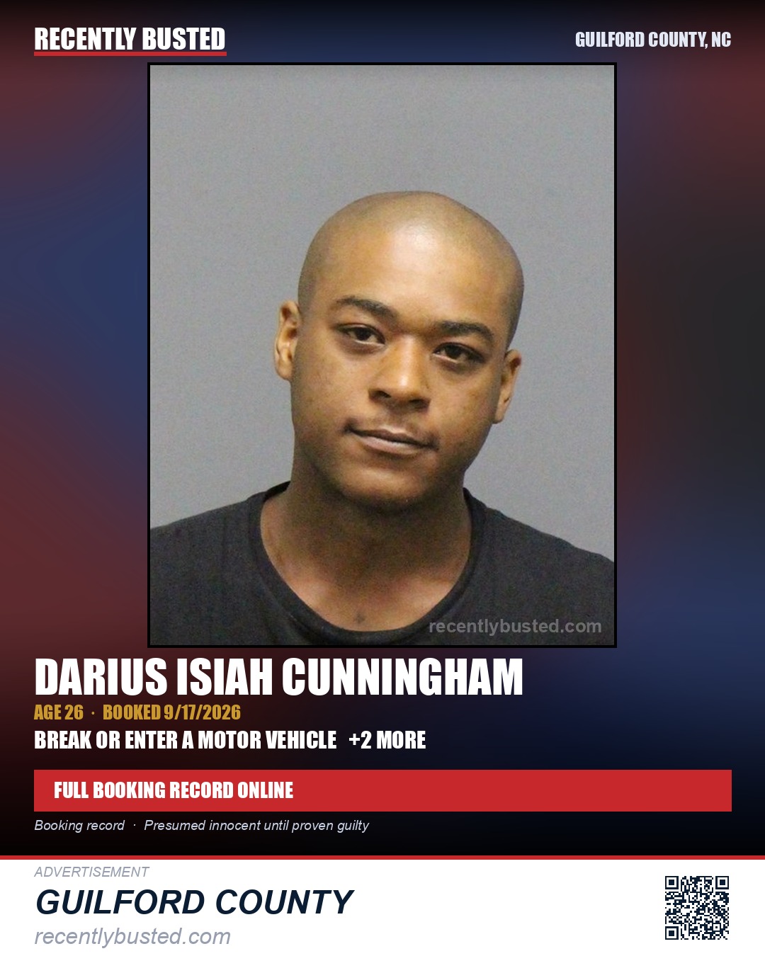 DARIUS ISIAH CUNNINGHAM — arrest record card, Guilford County, North Carolina