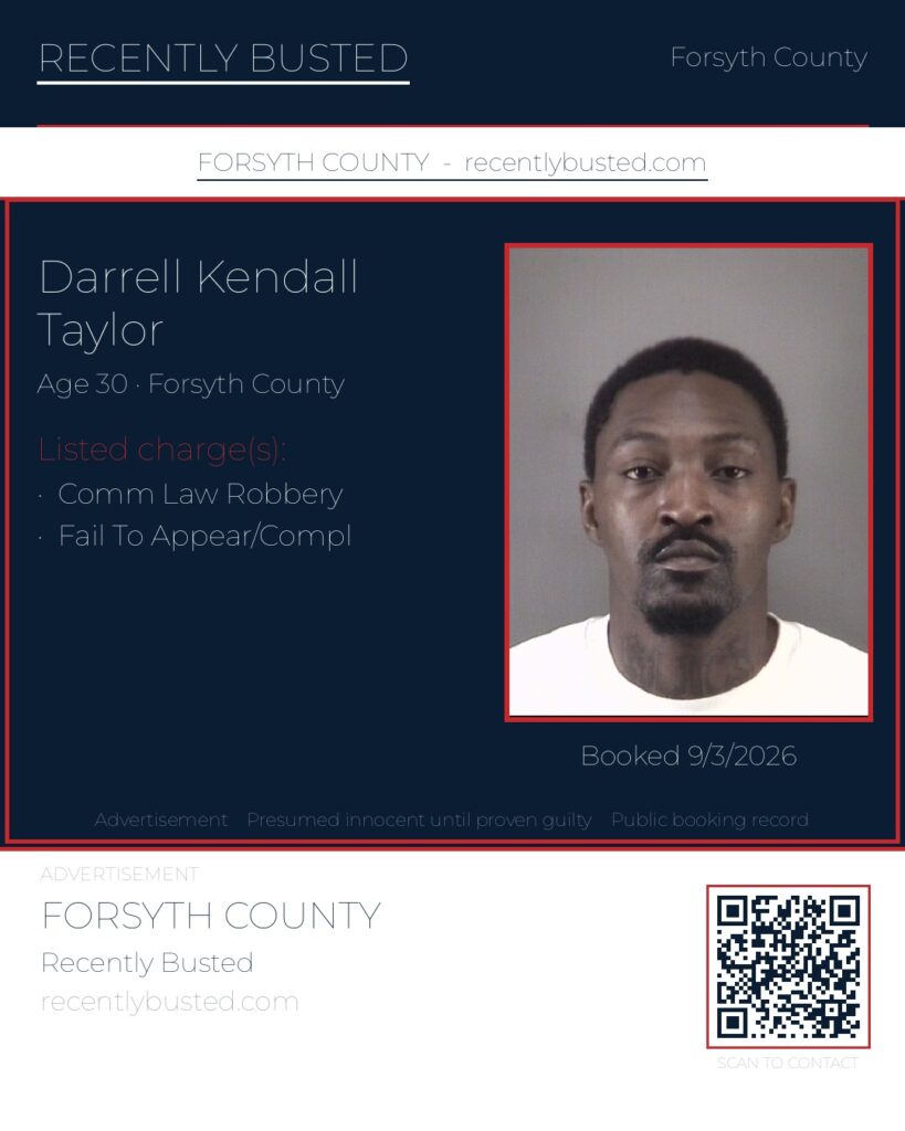 DARRELL KENDALL TAYLOR — arrest record card, Forsyth County, North Carolina