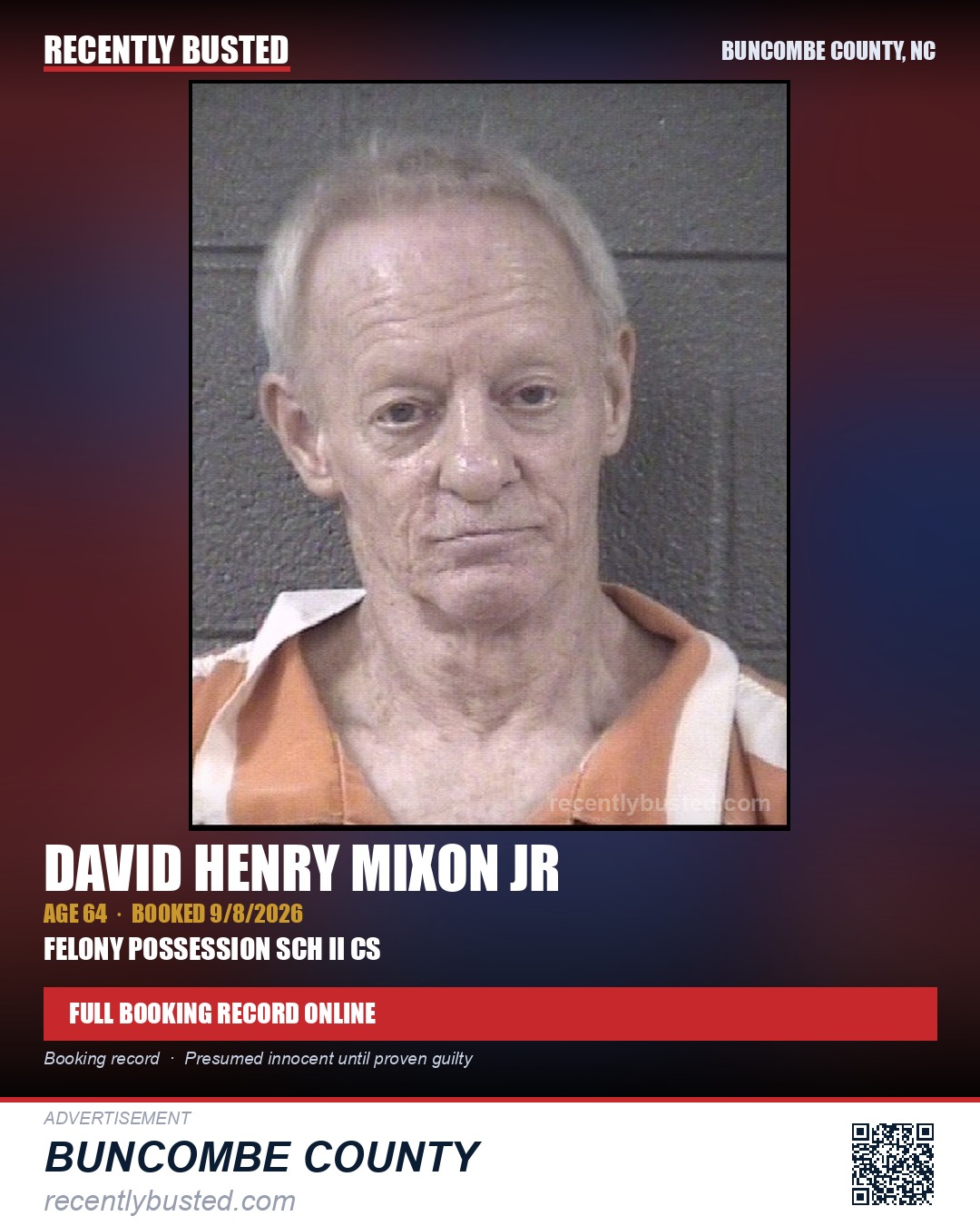 DAVID HENRY MIXON JR — arrest record card, Buncombe County, North Carolina