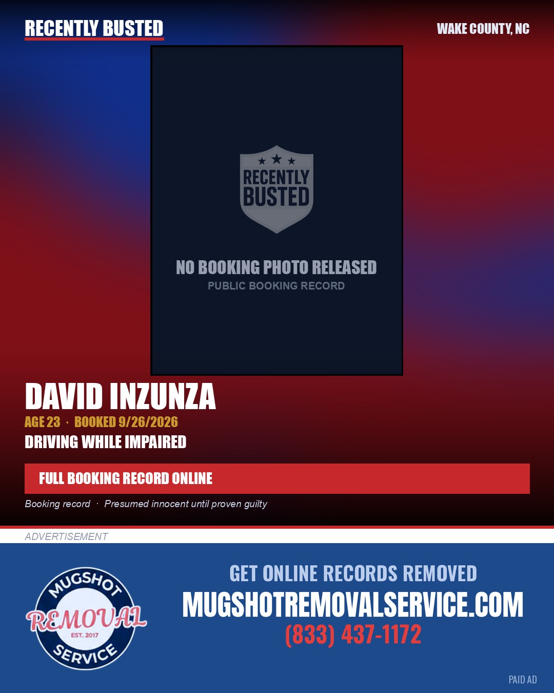 DAVID INZUNZA — arrest record card, Wake County, North Carolina