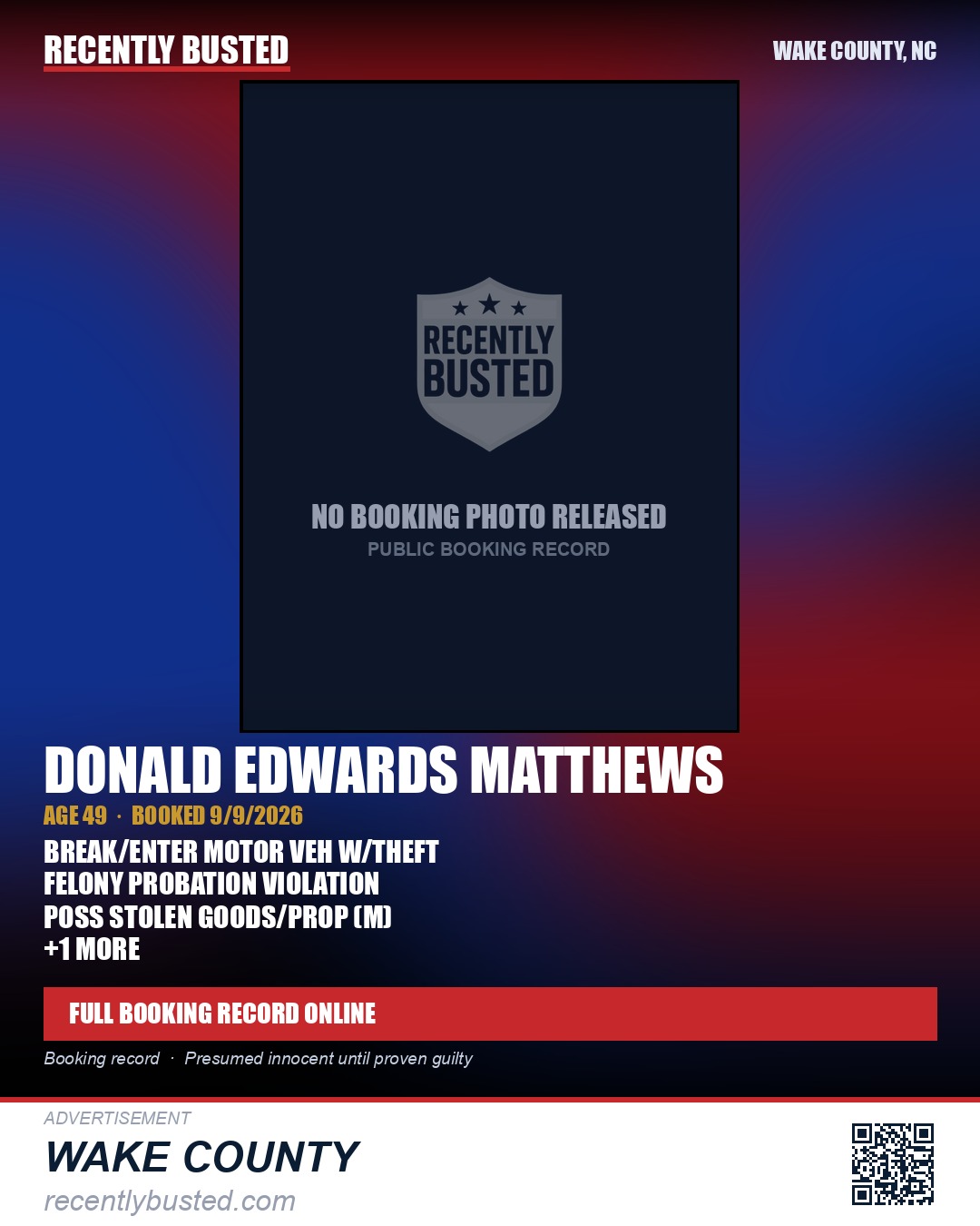 DONALD EDWARDS MATTHEWS — arrest record card, Wake County, North Carolina