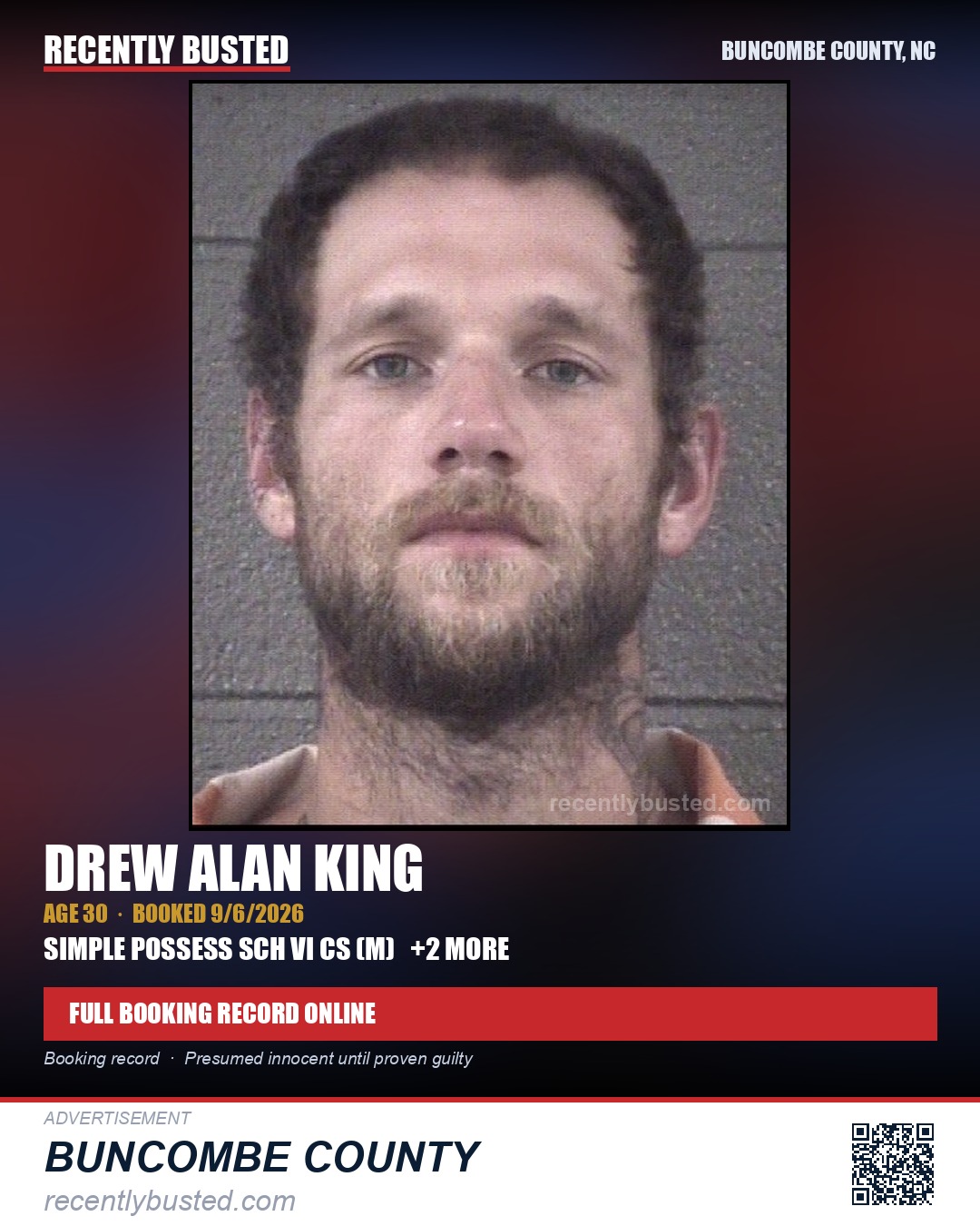 DREW ALAN KING — arrest record card, Buncombe County, North Carolina