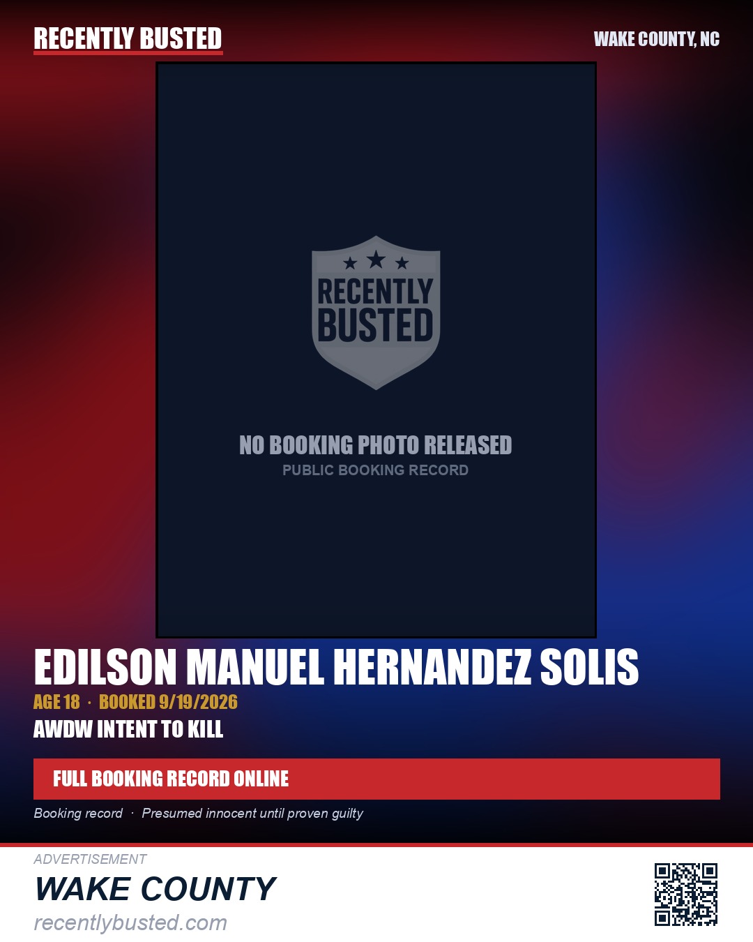 EDILSON MANUEL HERNANDEZ SOLIS — arrest record card, Wake County, North Carolina