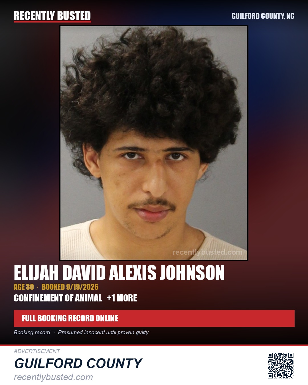 ELIJAH DAVID ALEXIS JOHNSON — arrest record card, Guilford County, North Carolina