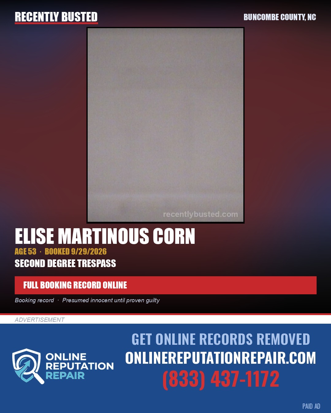 ELISE MARTINOUS CORN — arrest record card, Buncombe County, North Carolina