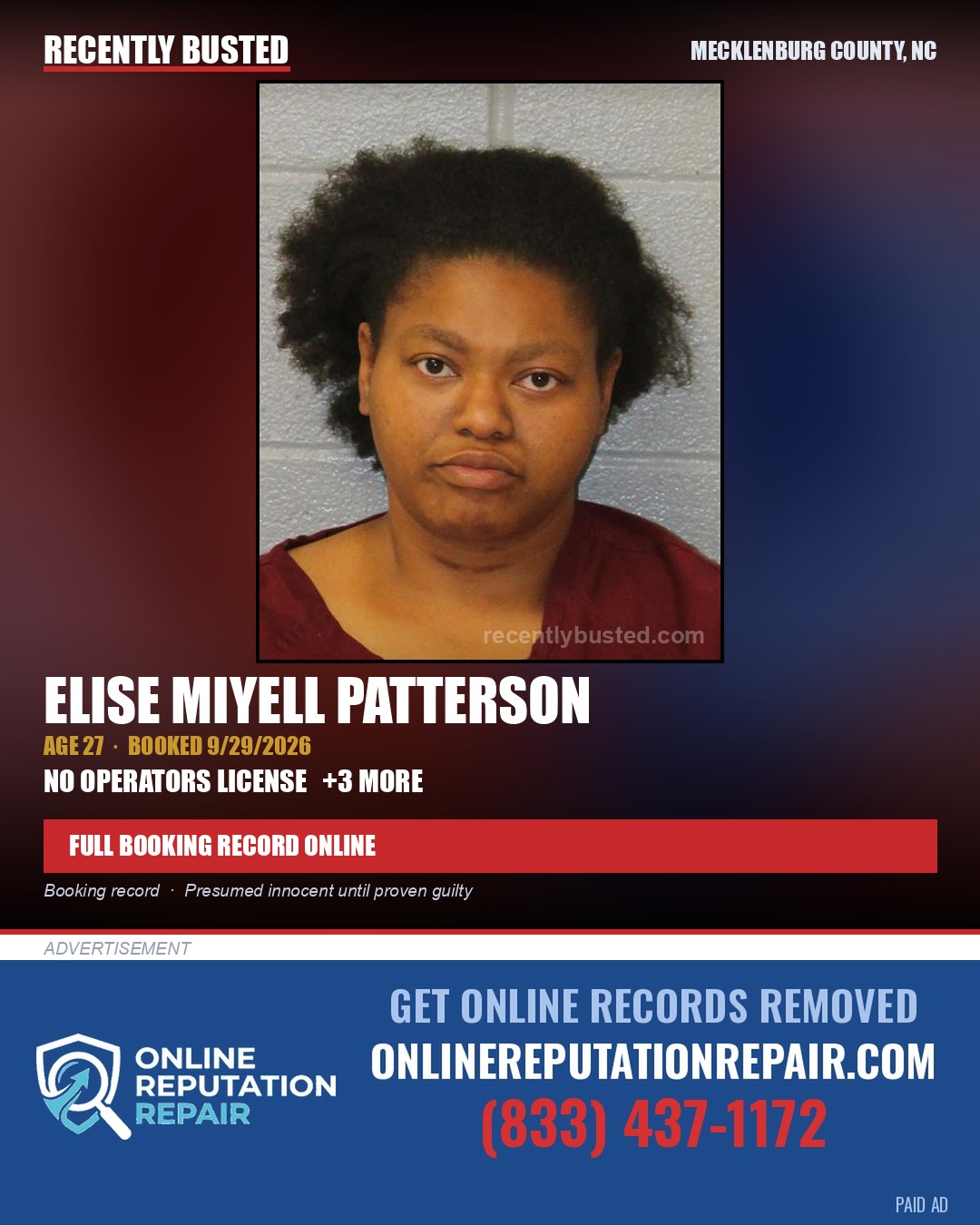 ELISE MIYELL PATTERSON — arrest record card, Mecklenburg County, North Carolina