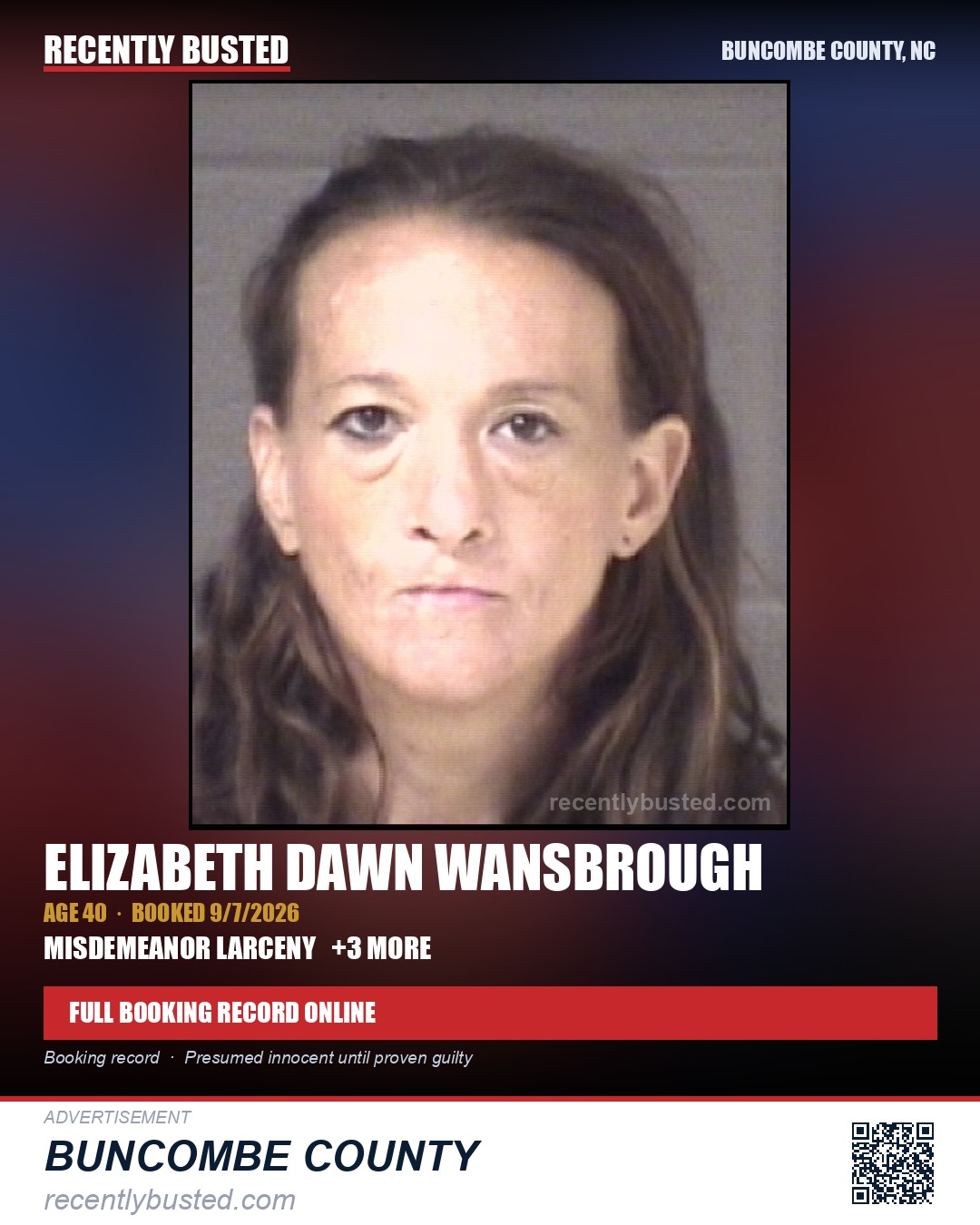 ELIZABETH DAWN WANSBROUGH — arrest record card, Buncombe County, North Carolina