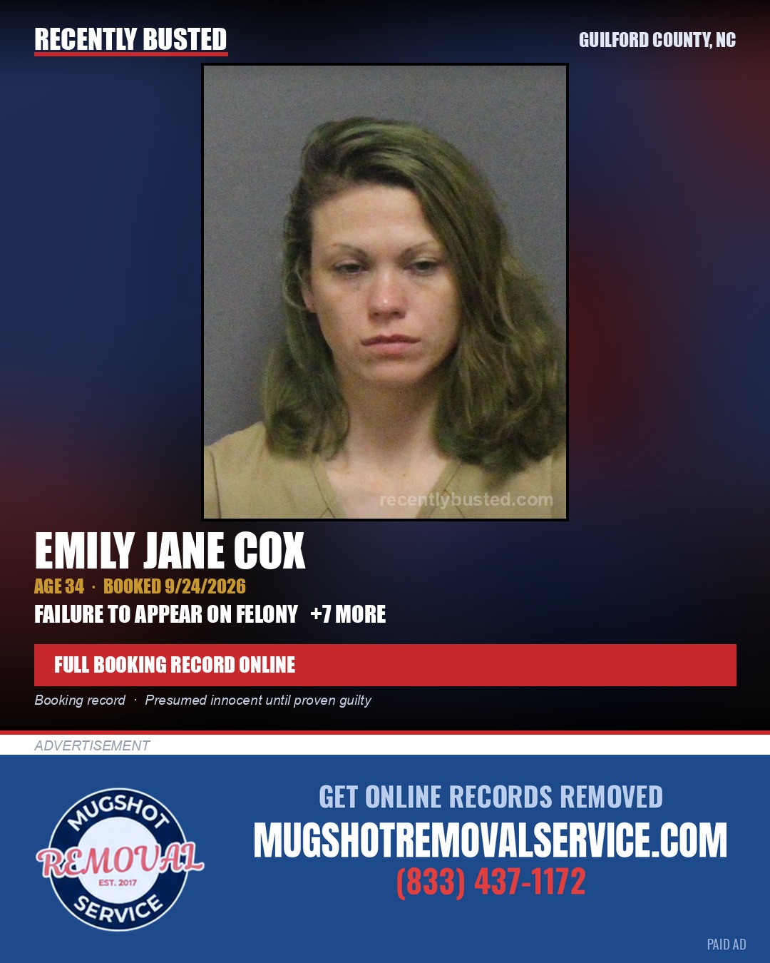 EMILY JANE COX — arrest record card, Guilford County, North Carolina