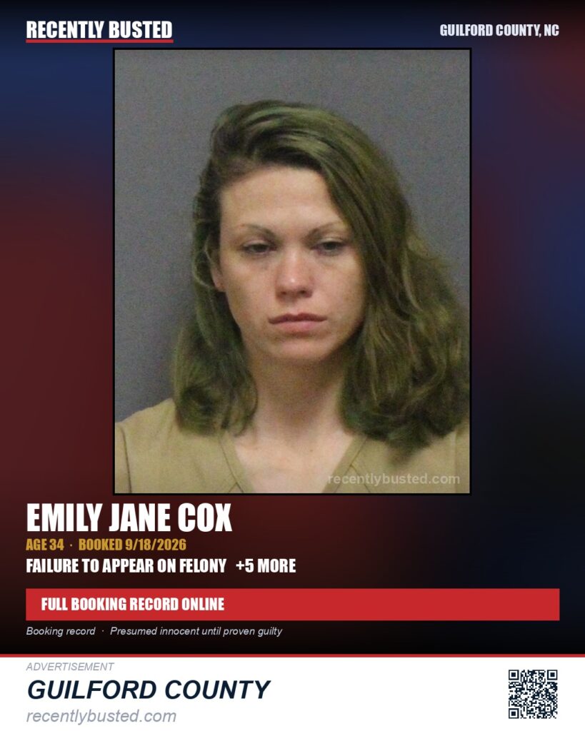 EMILY JANE COX — arrest record card, Guilford County, North Carolina