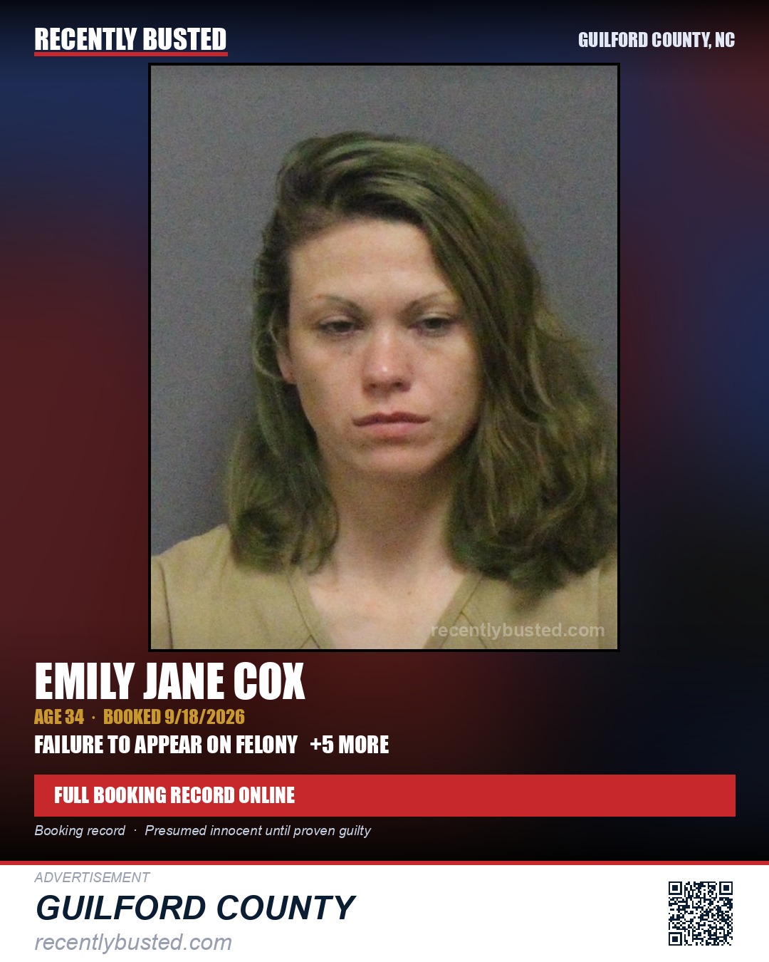 EMILY JANE COX — arrest record card, Guilford County, North Carolina