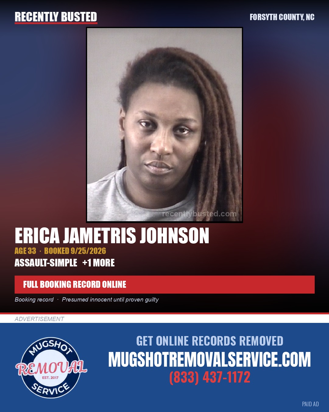 ERICA JAMETRIS JOHNSON — arrest record card, Forsyth County, North Carolina
