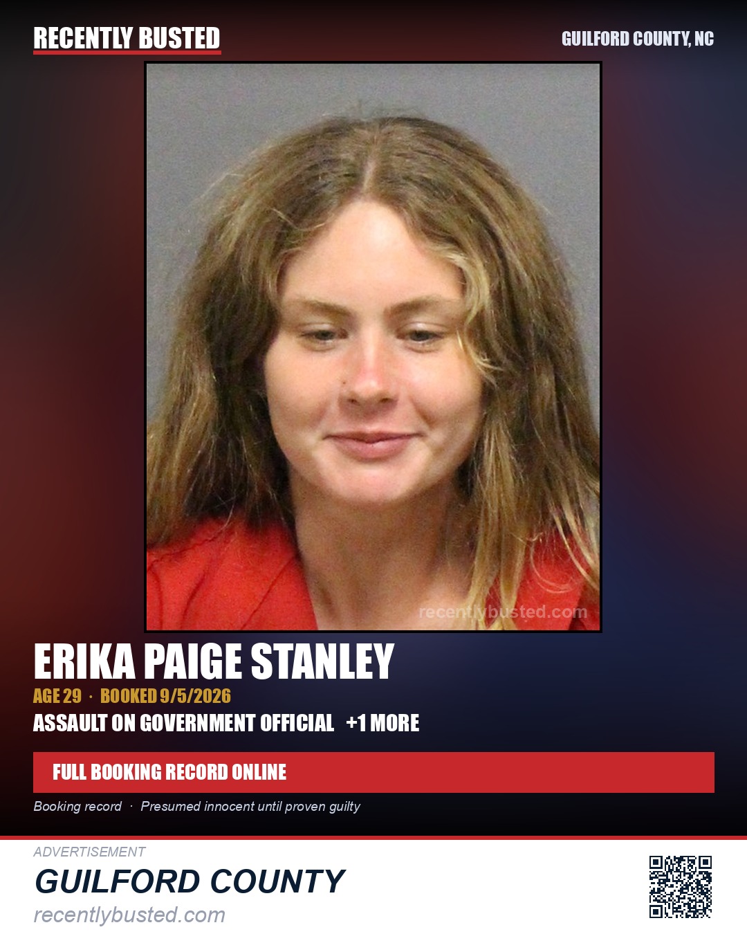 ERIKA PAIGE STANLEY — arrest record card, Guilford County, North Carolina