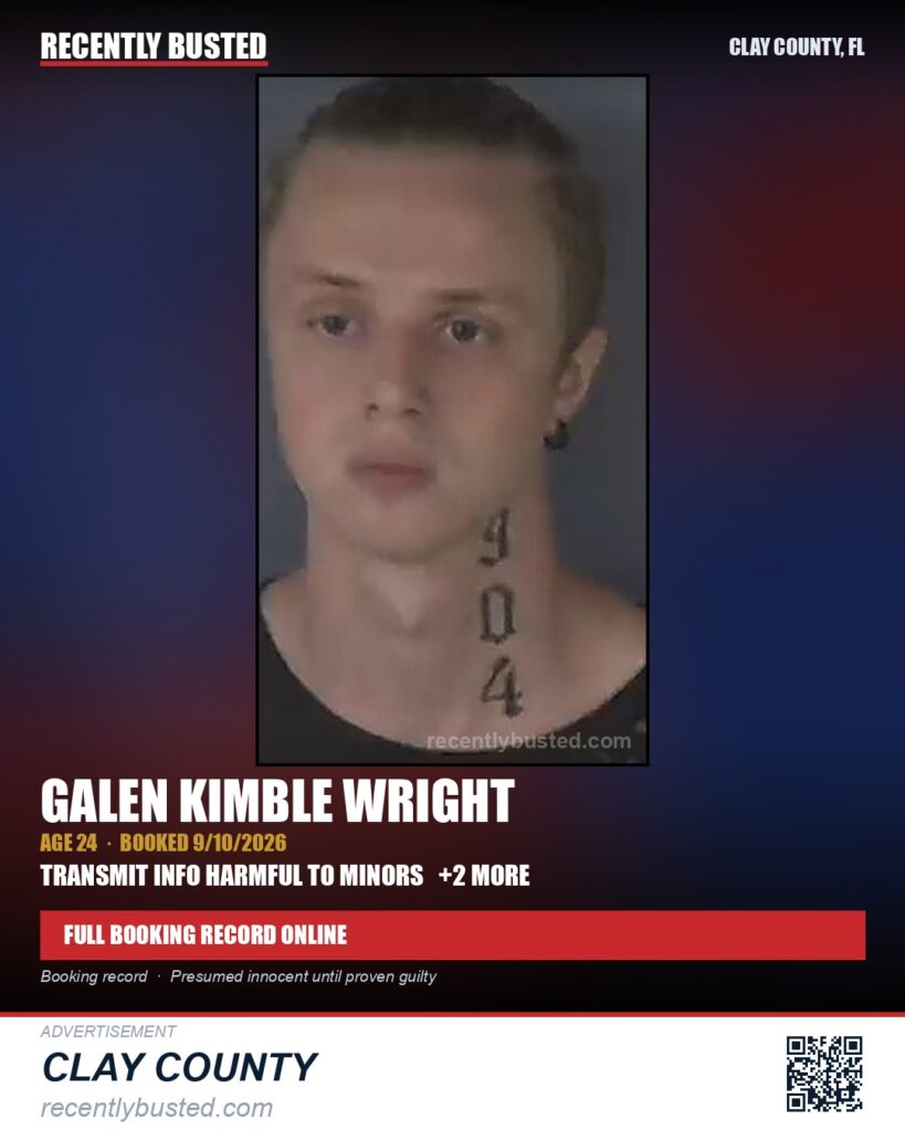 GALEN KIMBLE WRIGHT — arrest record card, Clay County, Florida