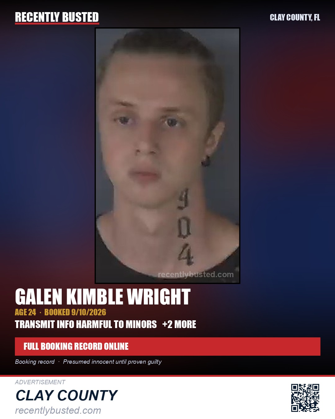 GALEN KIMBLE WRIGHT — arrest record card, Clay County, Florida