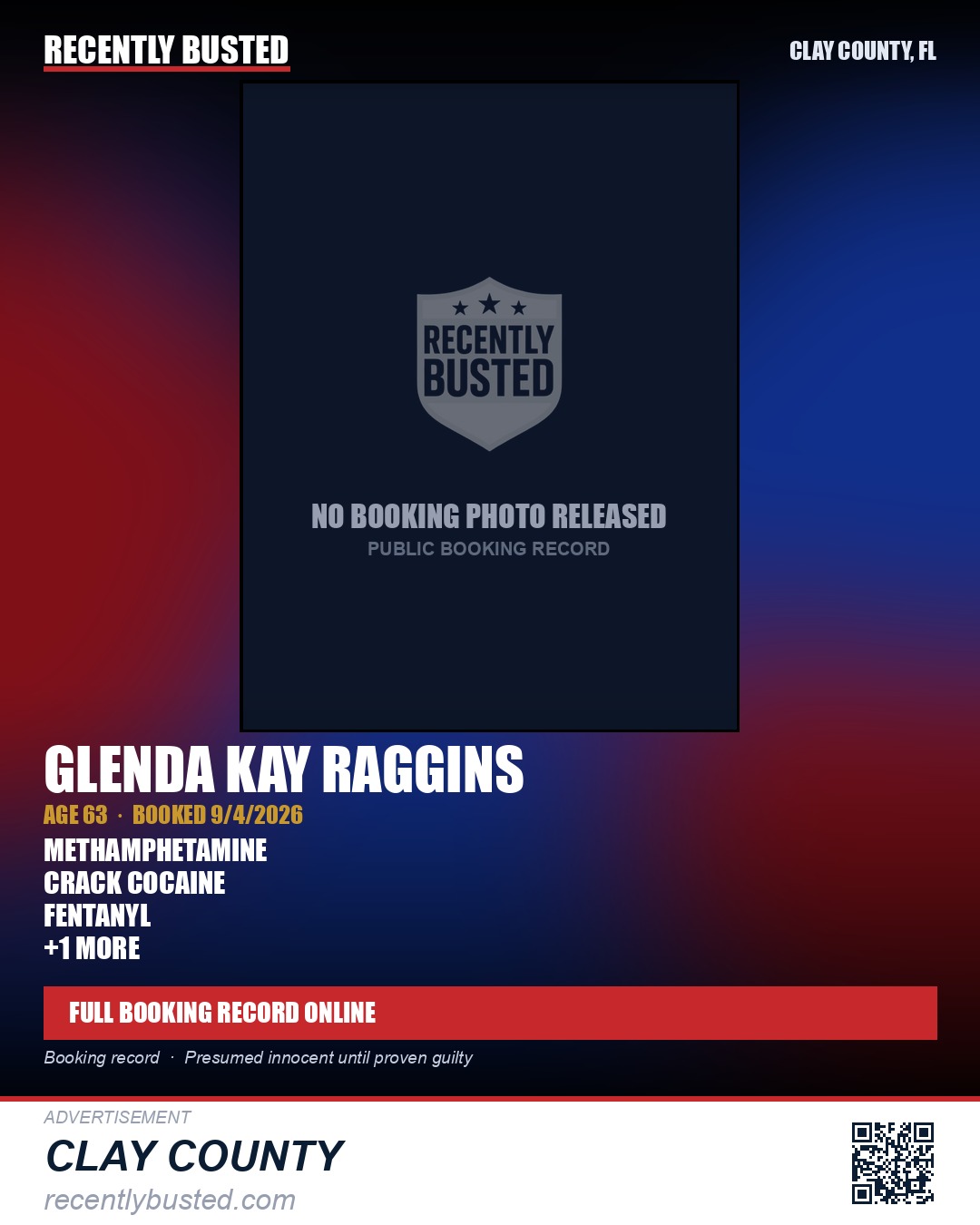 GLENDA KAY RAGGINS — arrest record card, Clay County, Florida