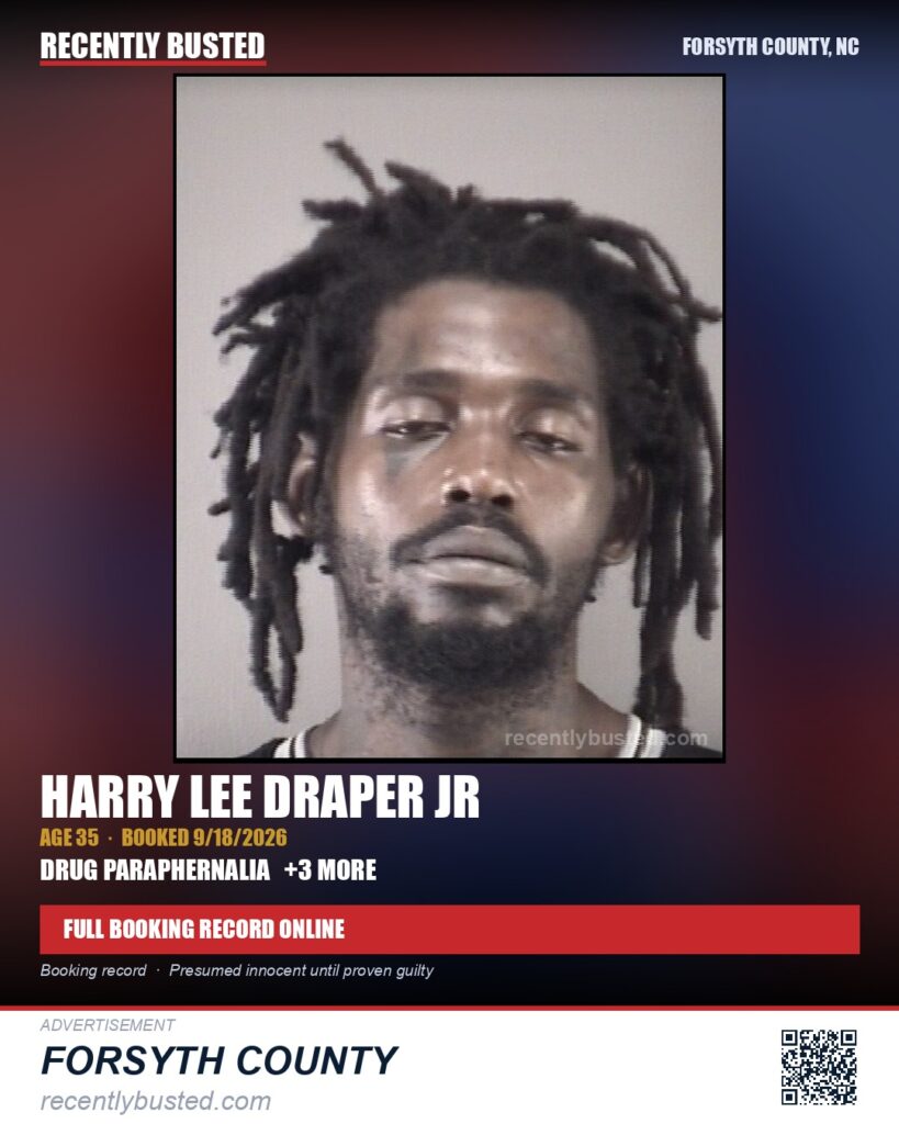 HARRY LEE DRAPER JR — arrest record card, Forsyth County, North Carolina