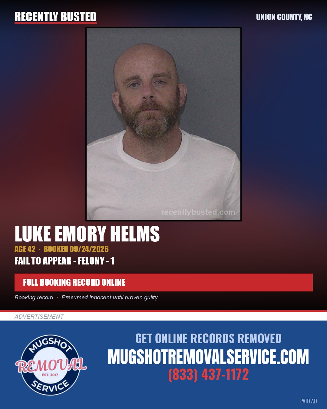 HELMS, LUKE EMORY — arrest record card, Union County, North Carolina