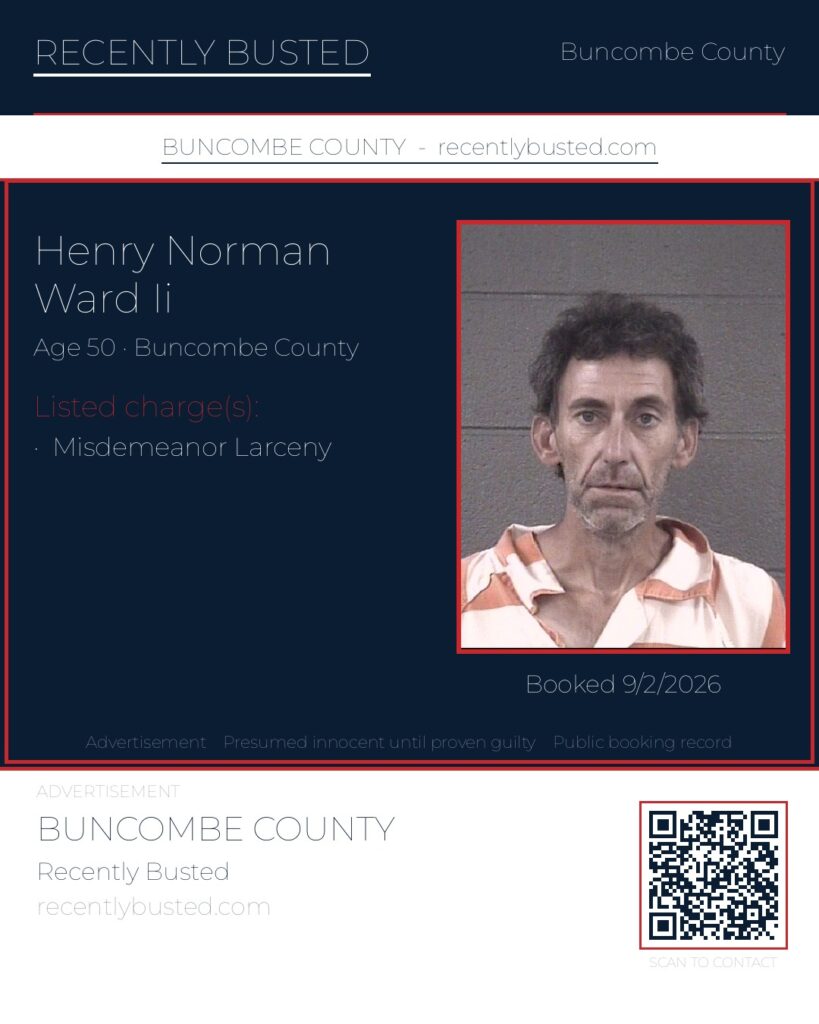 HENRY NORMAN WARD II — arrest record card, Buncombe County, North Carolina