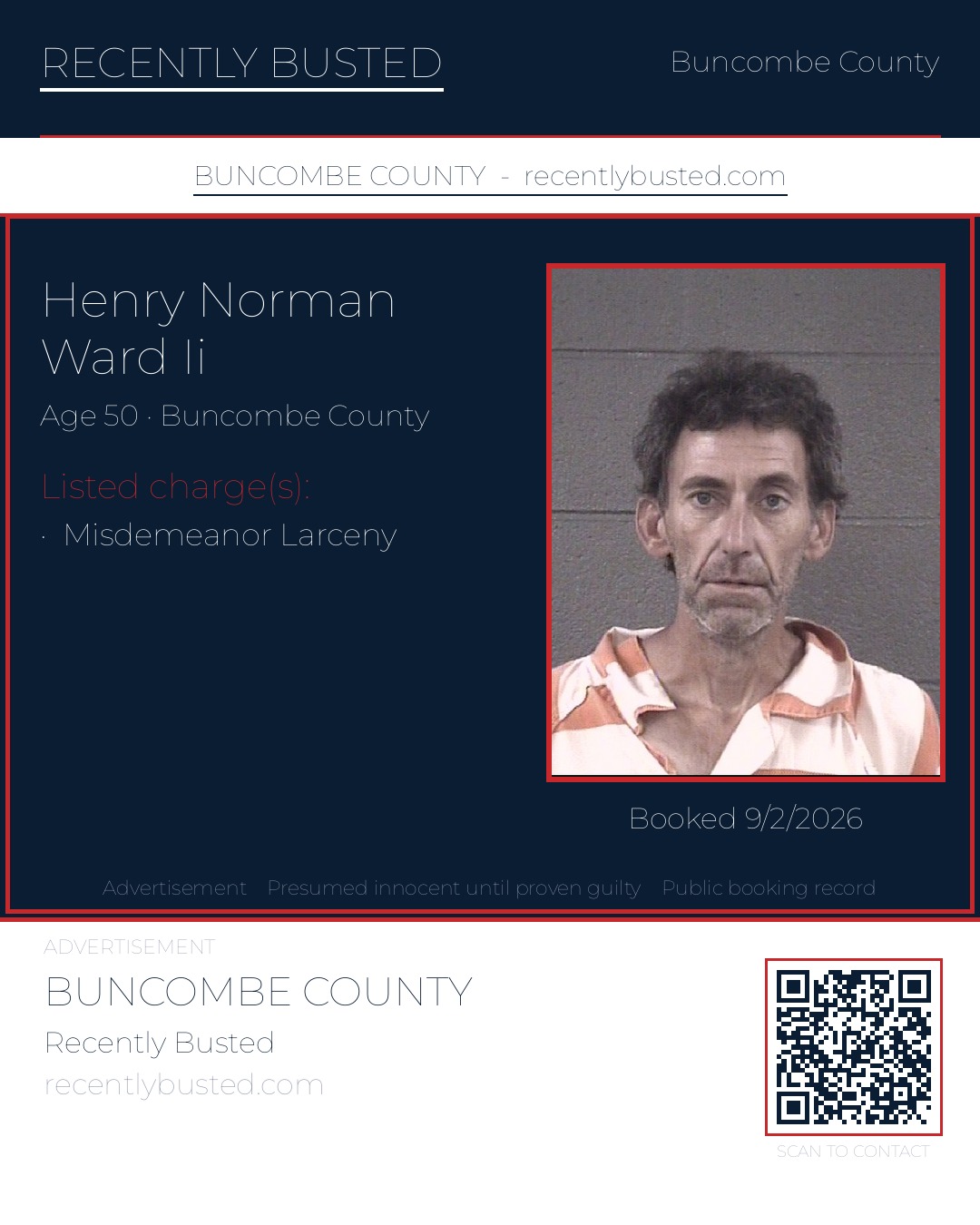 HENRY NORMAN WARD II — arrest record card, Buncombe County, North Carolina