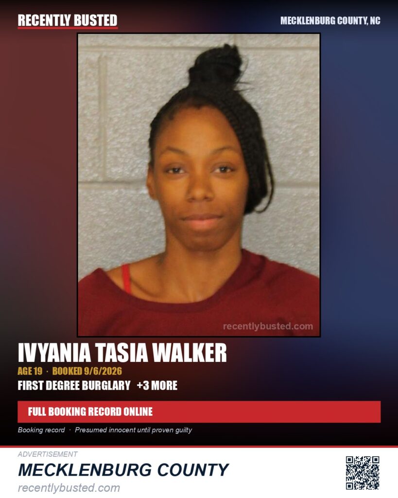 IVYANIA TASIA WALKER — arrest record card, Mecklenburg County, North Carolina