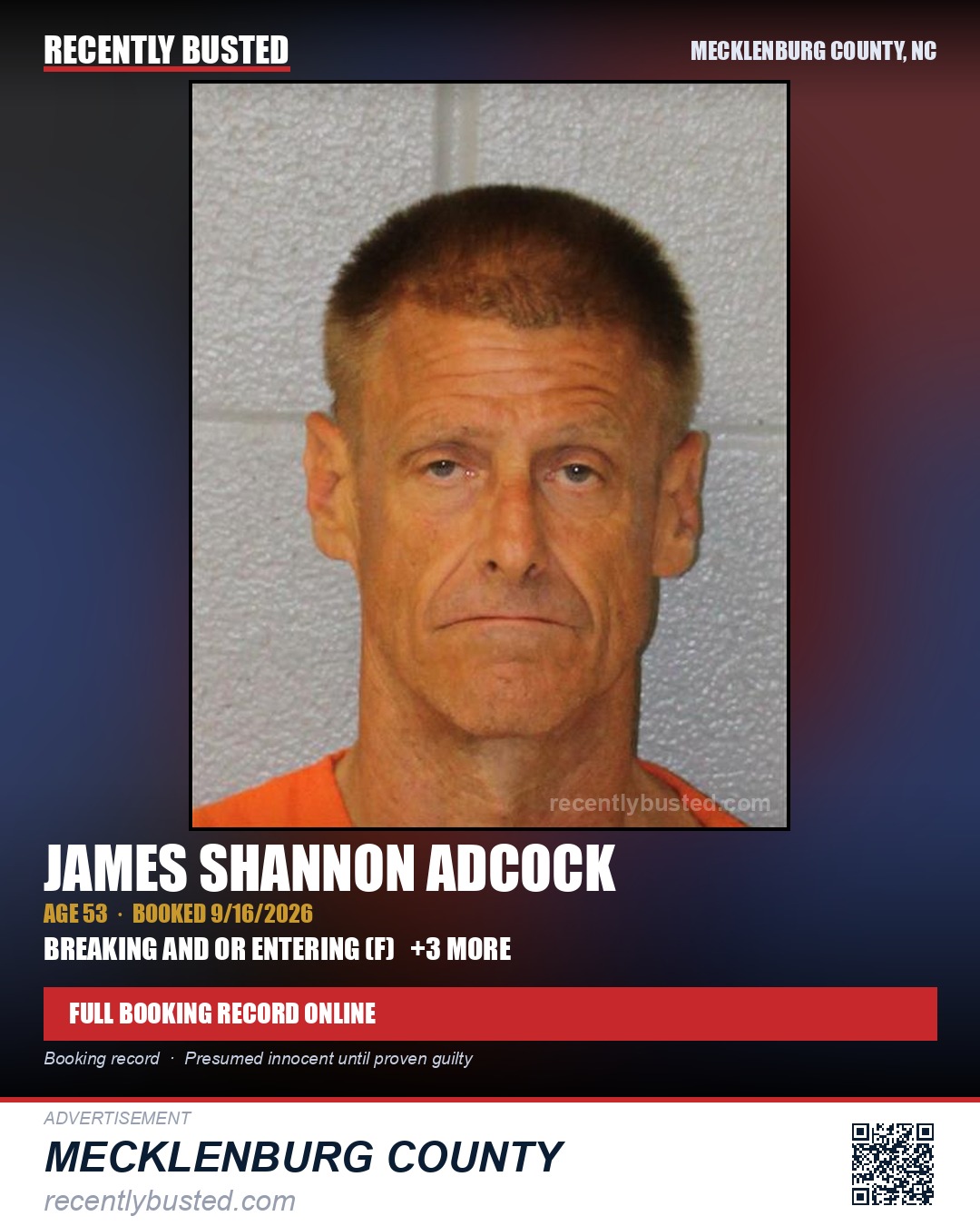 JAMES SHANNON ADCOCK — arrest record card, Mecklenburg County, North Carolina