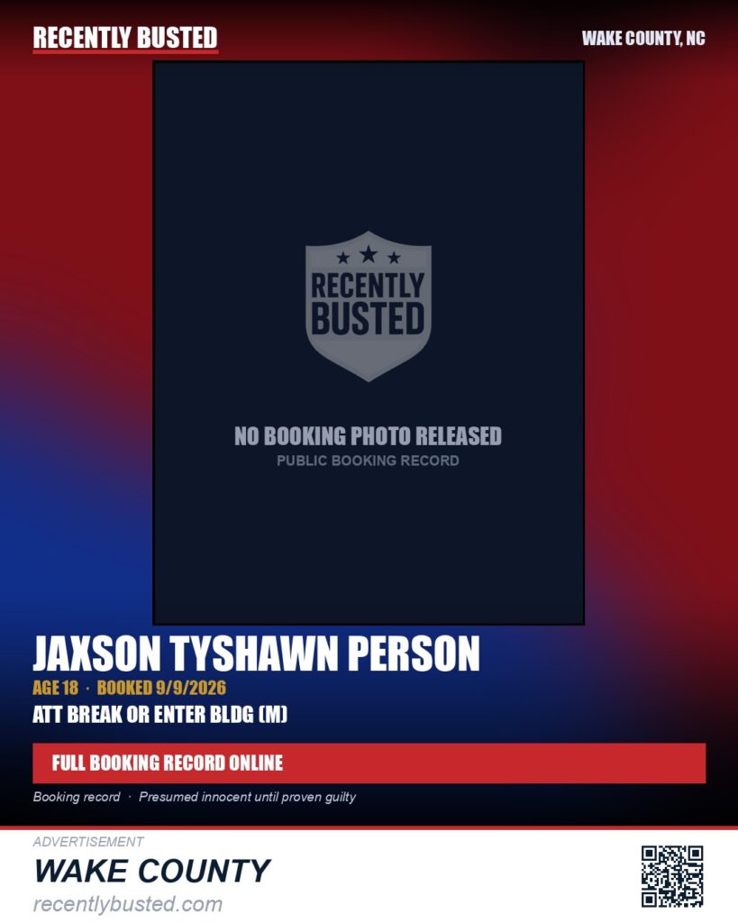 JAXSON TYSHAWN PERSON — arrest record card, Wake County, North Carolina