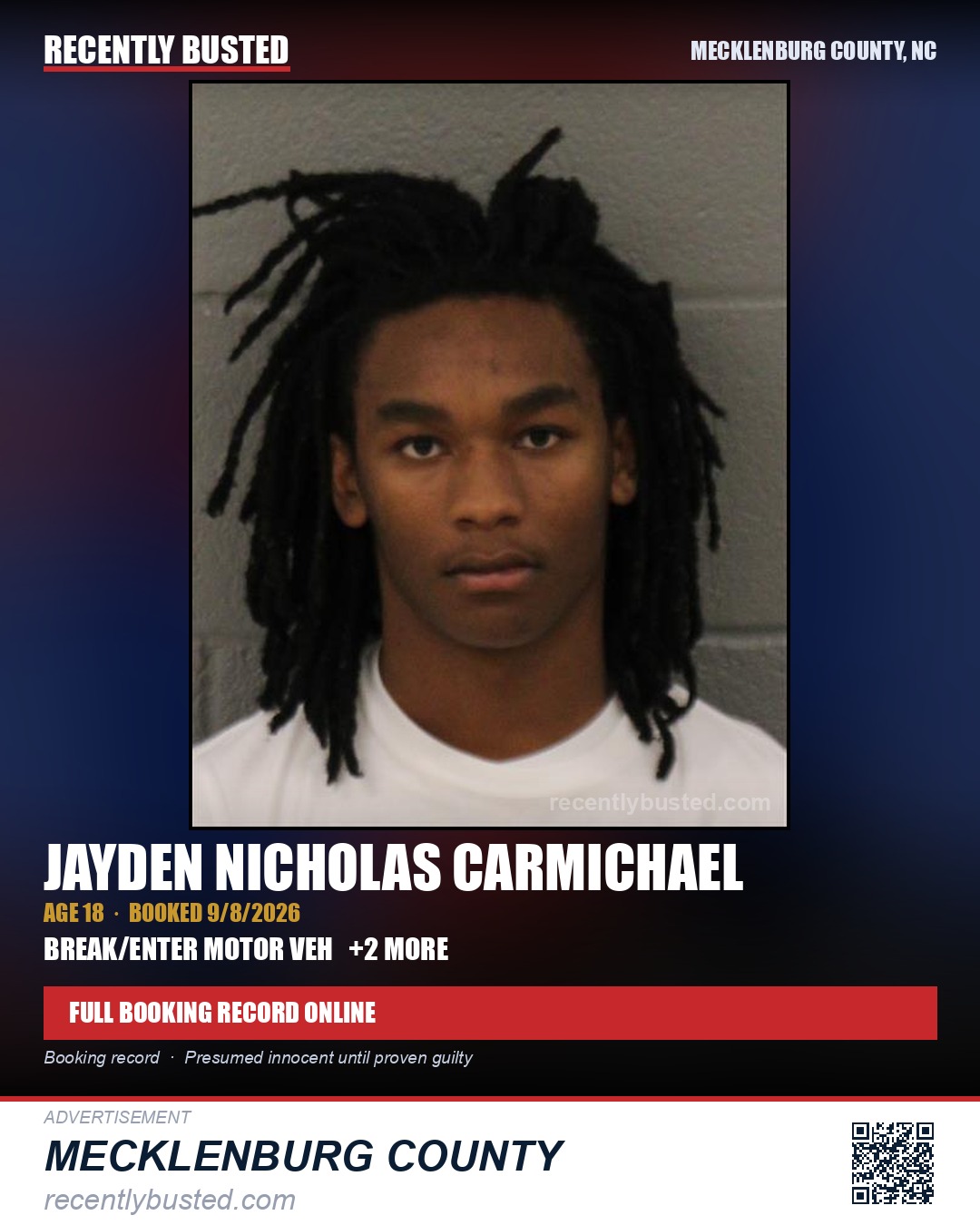 JAYDEN NICHOLAS CARMICHAEL — arrest record card, Mecklenburg County, North Carolina