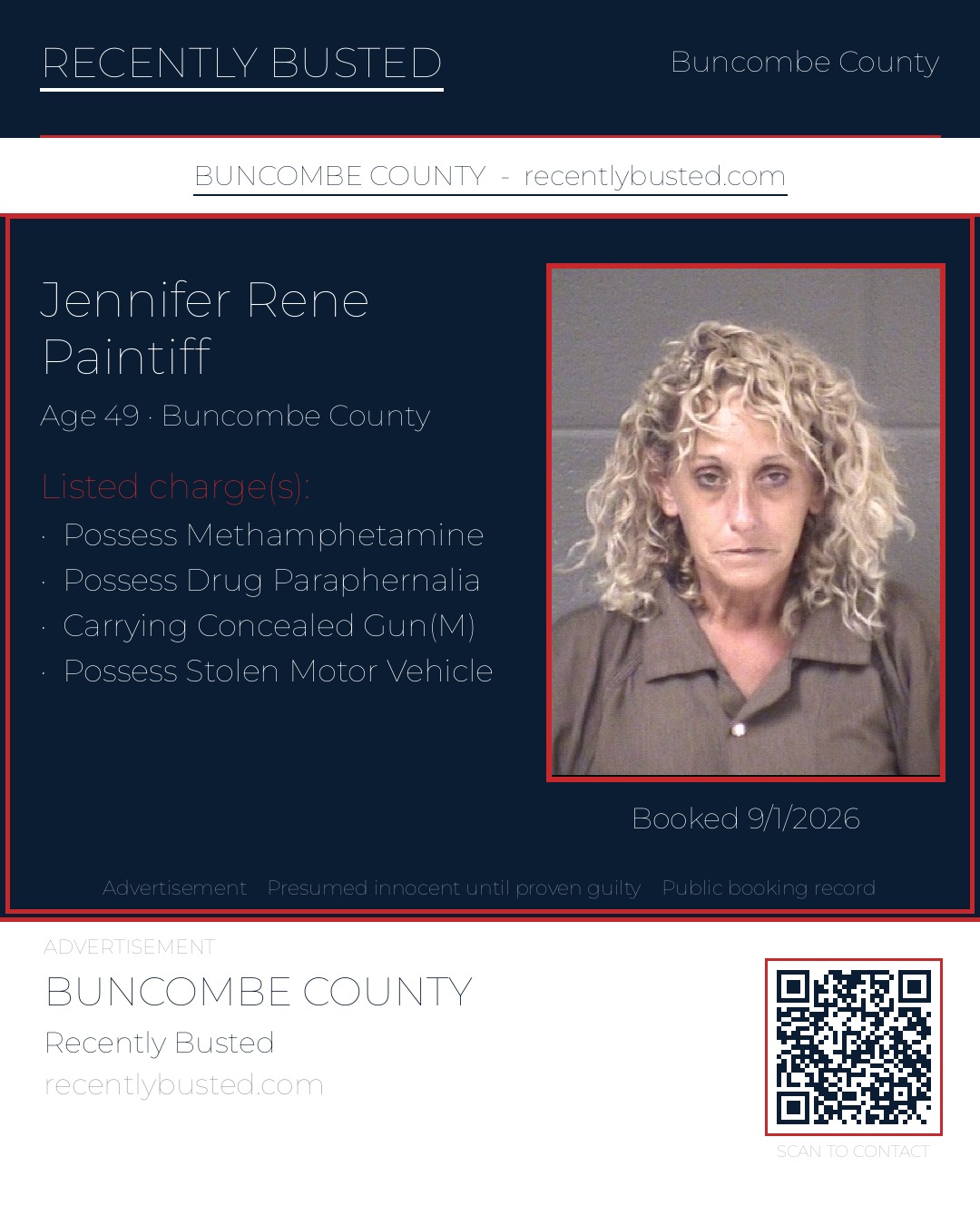 JENNIFER RENE PAINTIFF — arrest record card, Buncombe County, North Carolina