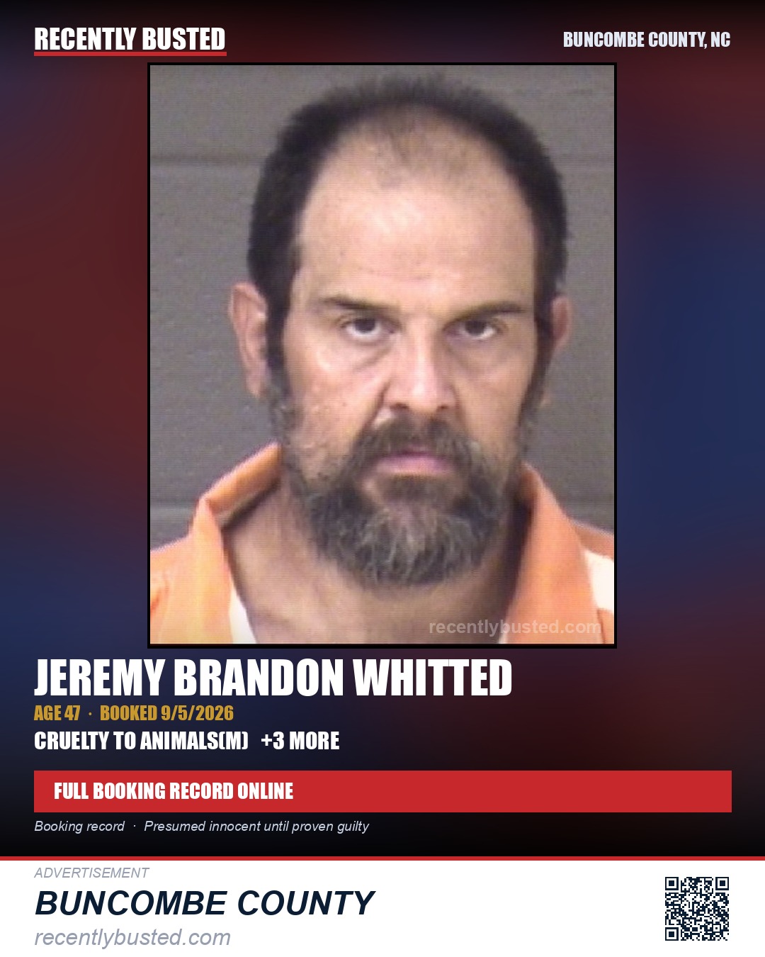 JEREMY BRANDON WHITTED — arrest record card, Buncombe County, North Carolina