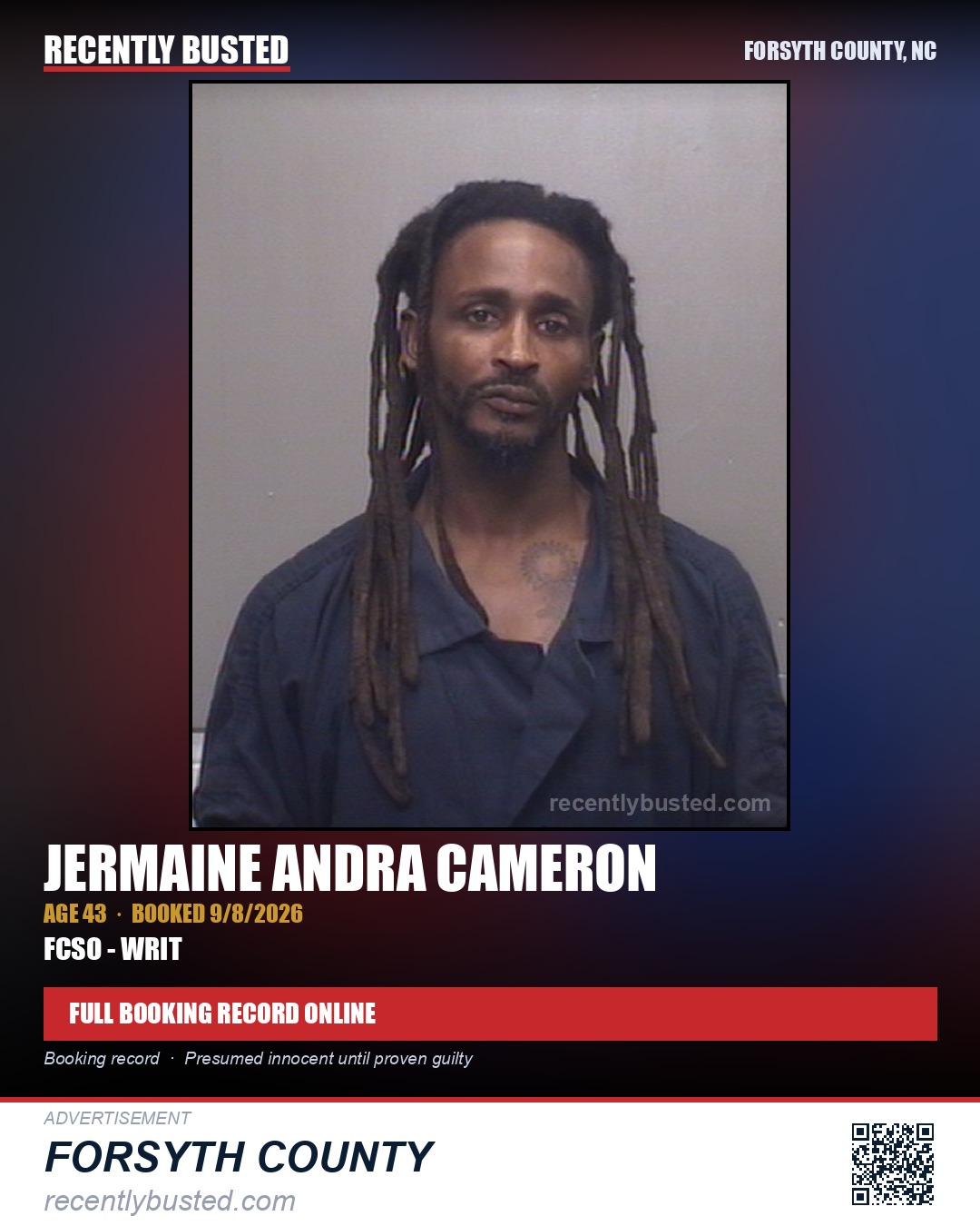 JERMAINE ANDRA CAMERON — arrest record card, Forsyth County, North Carolina