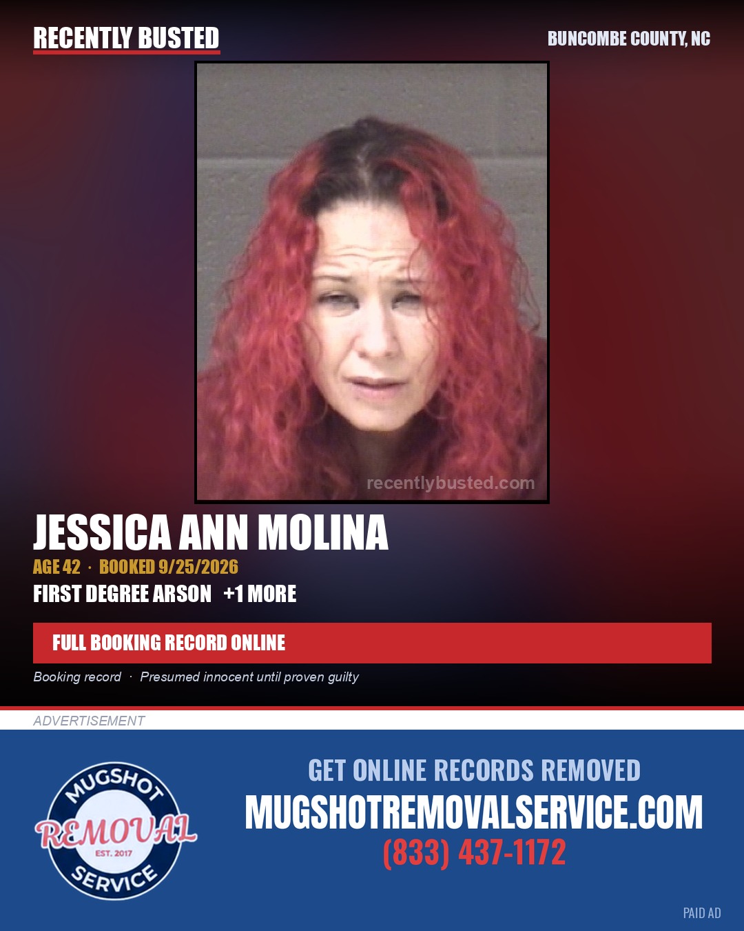 JESSICA ANN MOLINA — arrest record card, Buncombe County, North Carolina