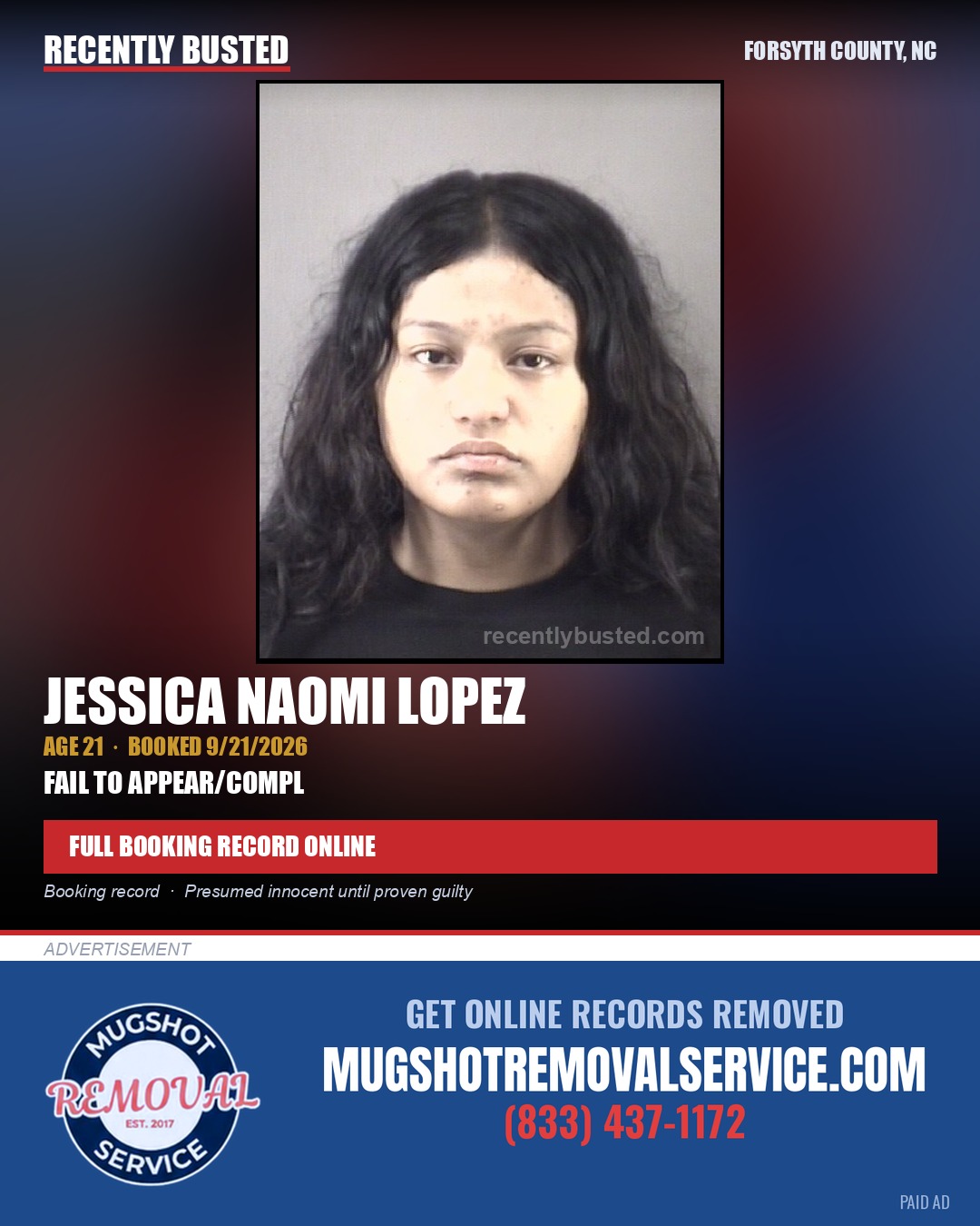 JESSICA NAOMI LOPEZ — arrest record card, Forsyth County, North Carolina
