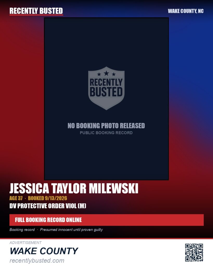 JESSICA TAYLOR MILEWSKI — arrest record card, Wake County, North Carolina