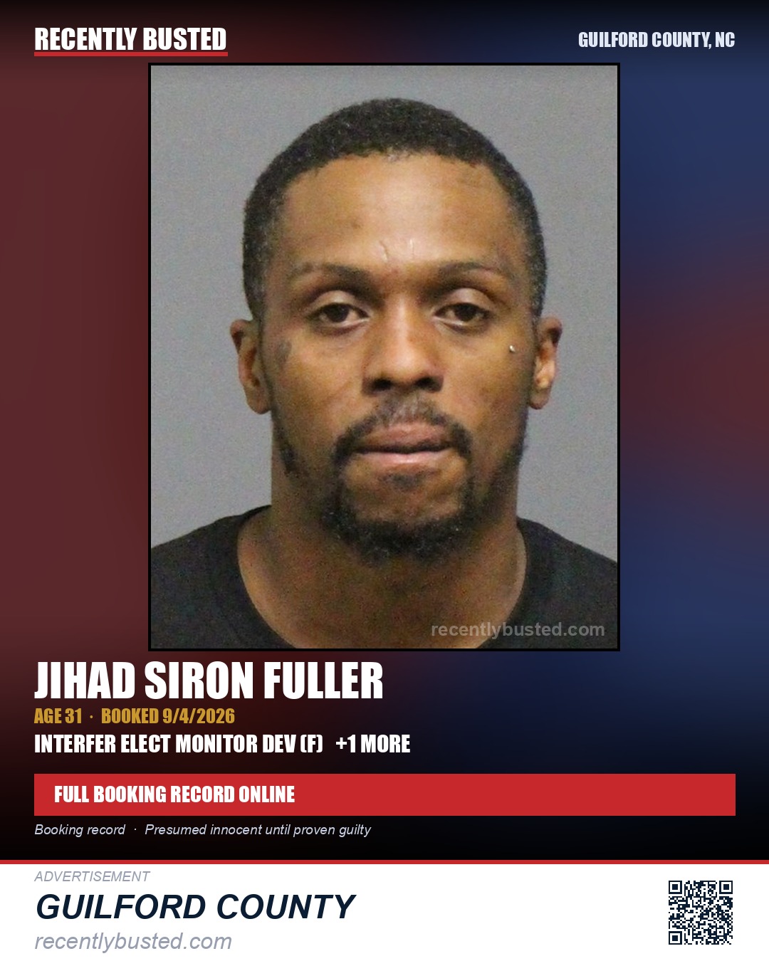 JIHAD SIRON FULLER — arrest record card, Guilford County, North Carolina