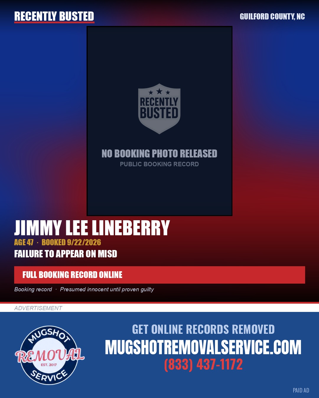 JIMMY LEE LINEBERRY — arrest record card, Guilford County, North Carolina