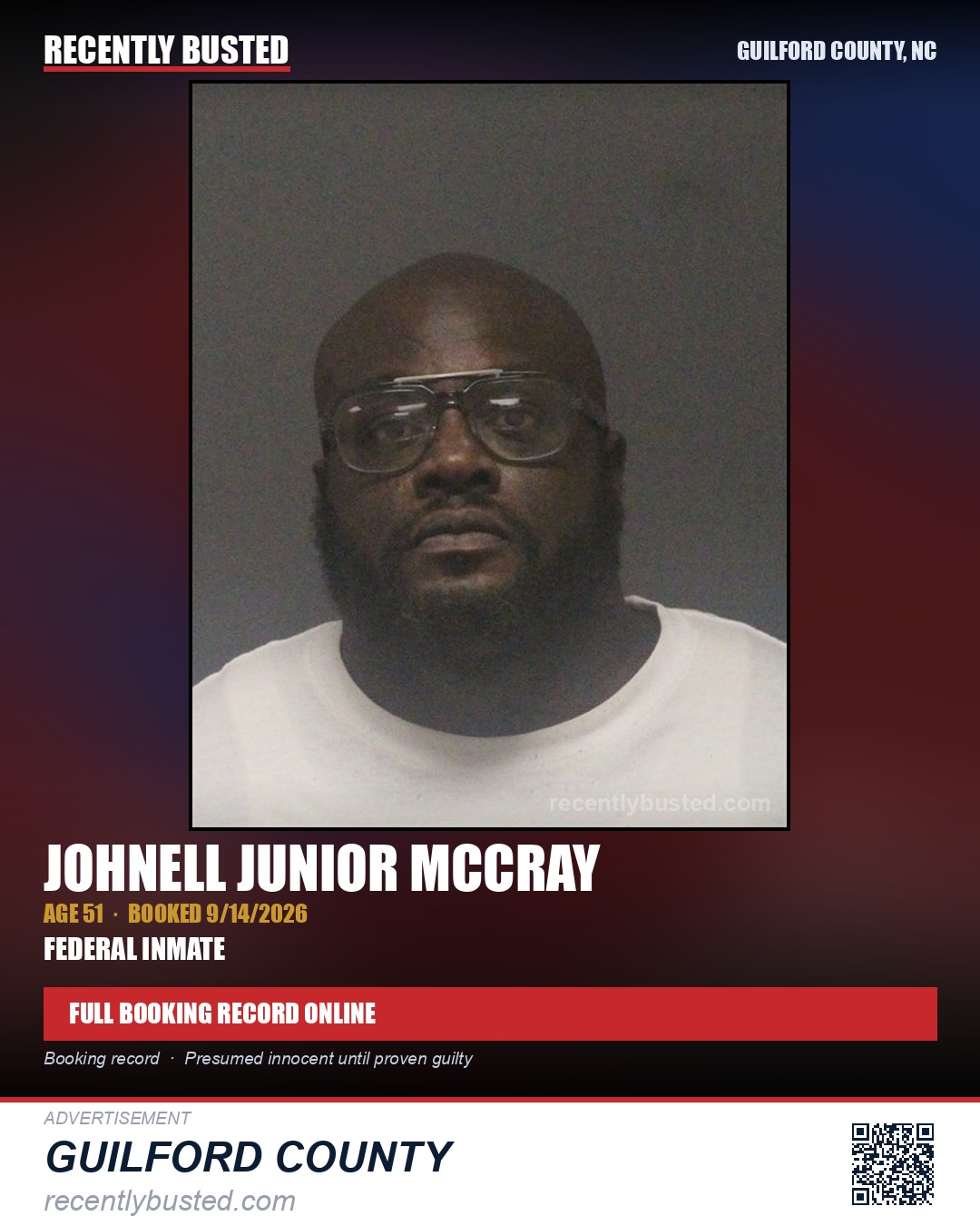 JOHNELL JUNIOR MCCRAY — arrest record card, Guilford County, North Carolina