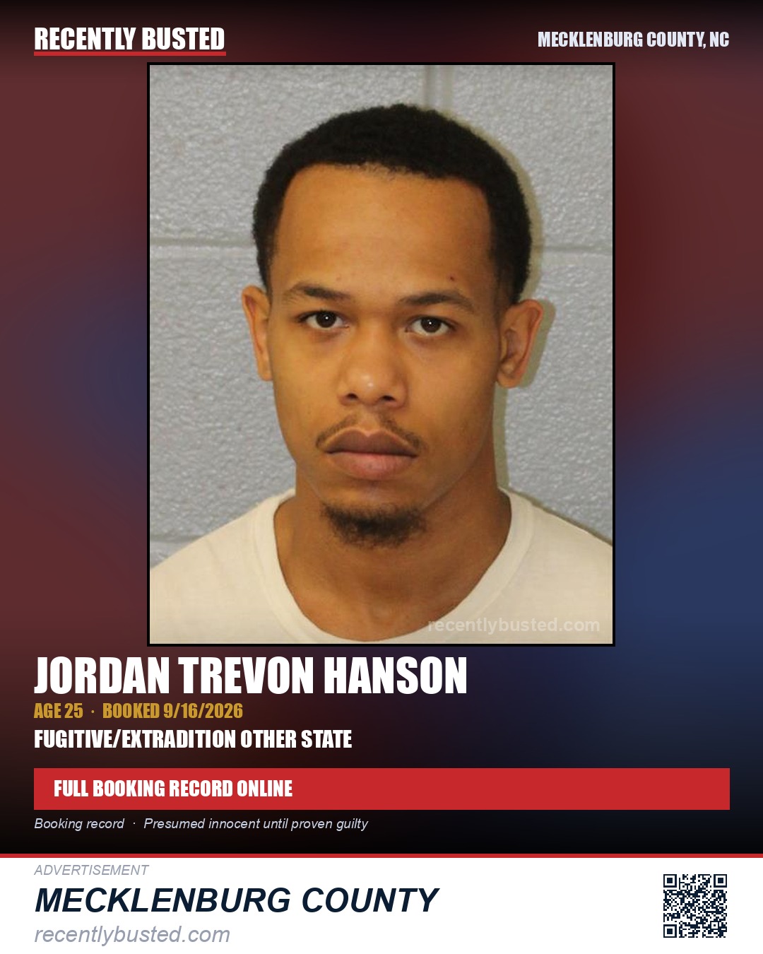 JORDAN TREVON HANSON — arrest record card, Mecklenburg County, North Carolina