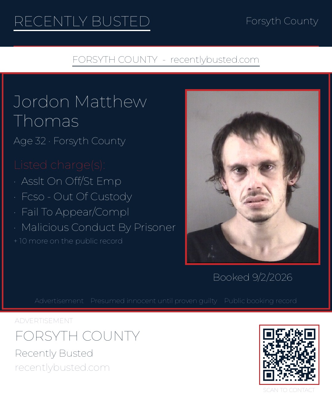 JORDON MATTHEW THOMAS — arrest record card, Forsyth County, North Carolina