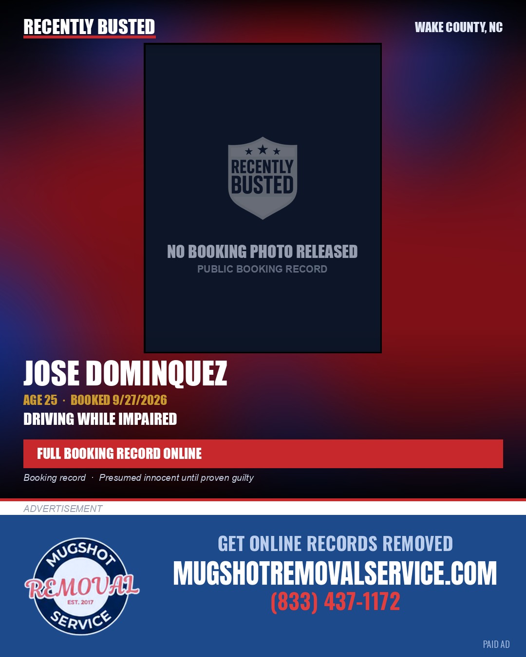 JOSE DOMINQUEZ — arrest record card, Wake County, North Carolina