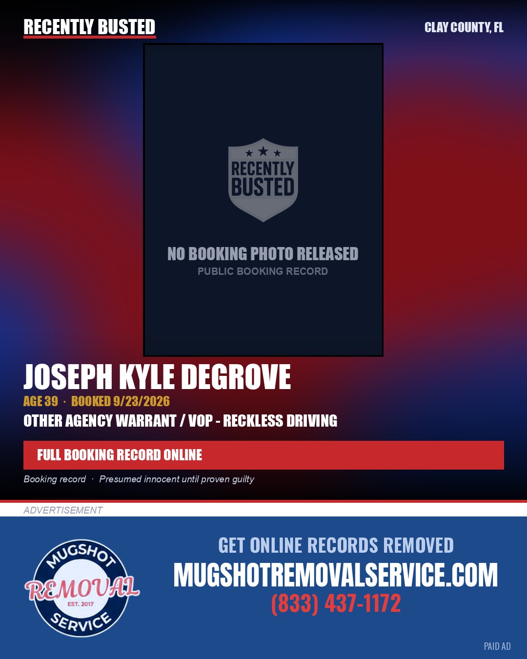 JOSEPH KYLE DEGROVE — arrest record card, Clay County, Florida