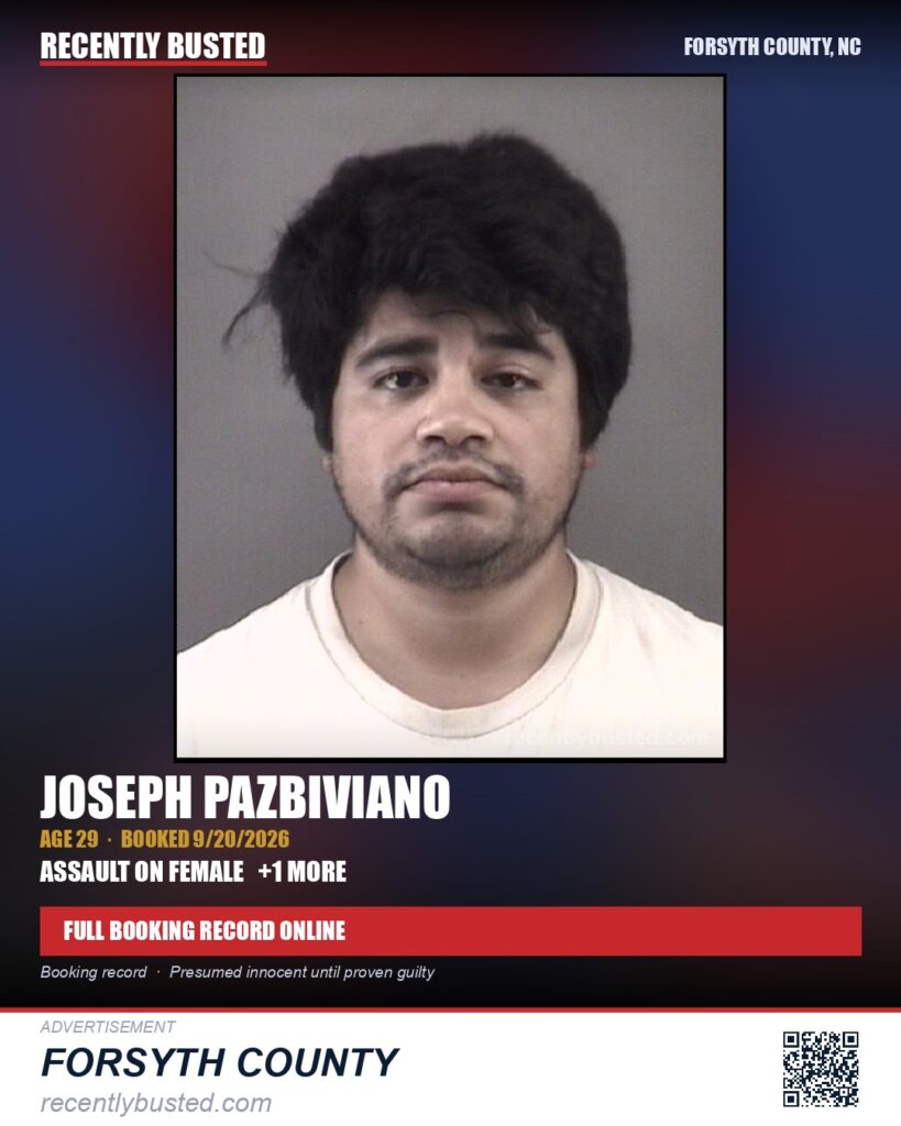 JOSEPH PAZBIVIANO — arrest record card, Forsyth County, North Carolina
