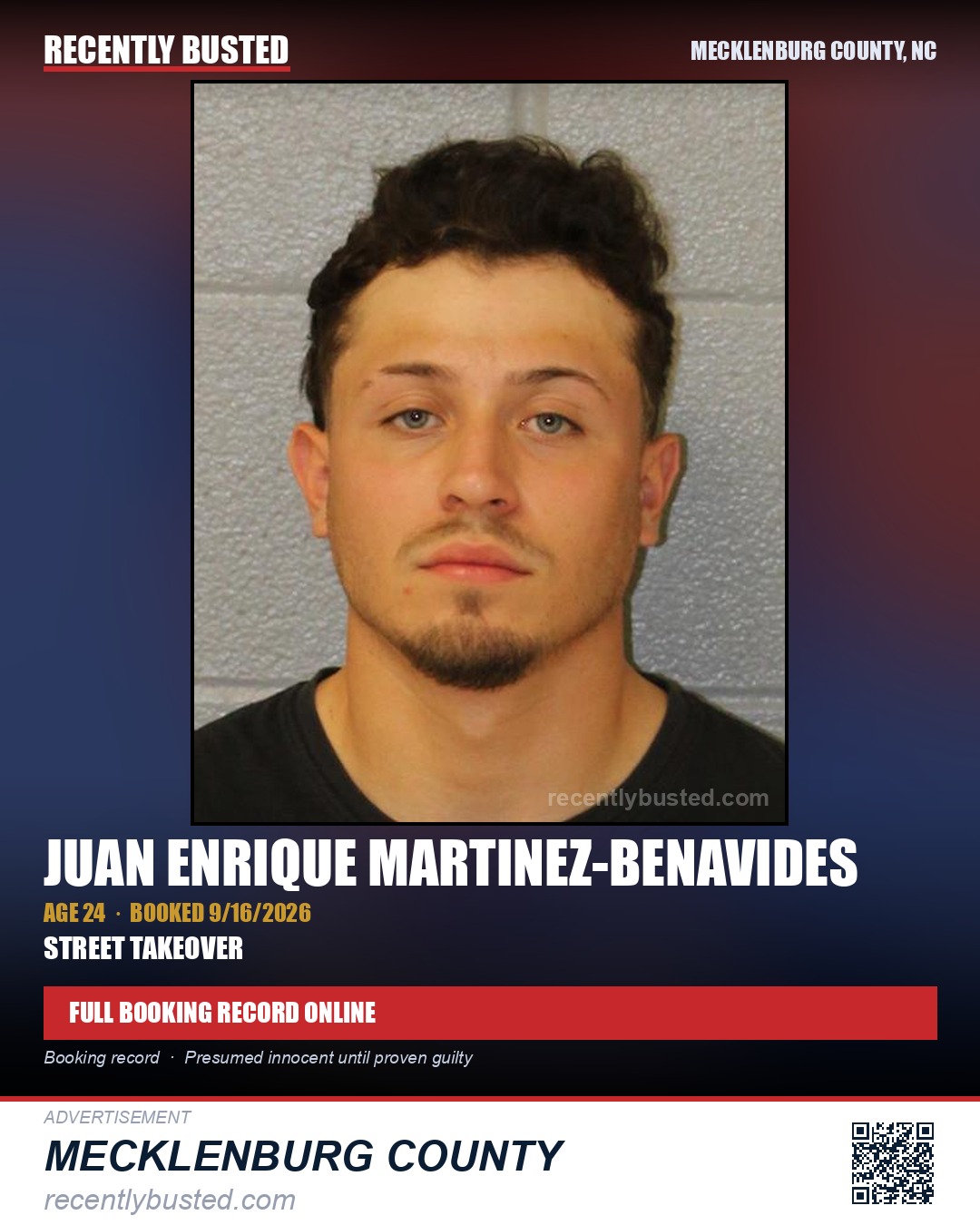 JUAN ENRIQUE MARTINEZ-BENAVIDES — arrest record card, Mecklenburg County, North Carolina